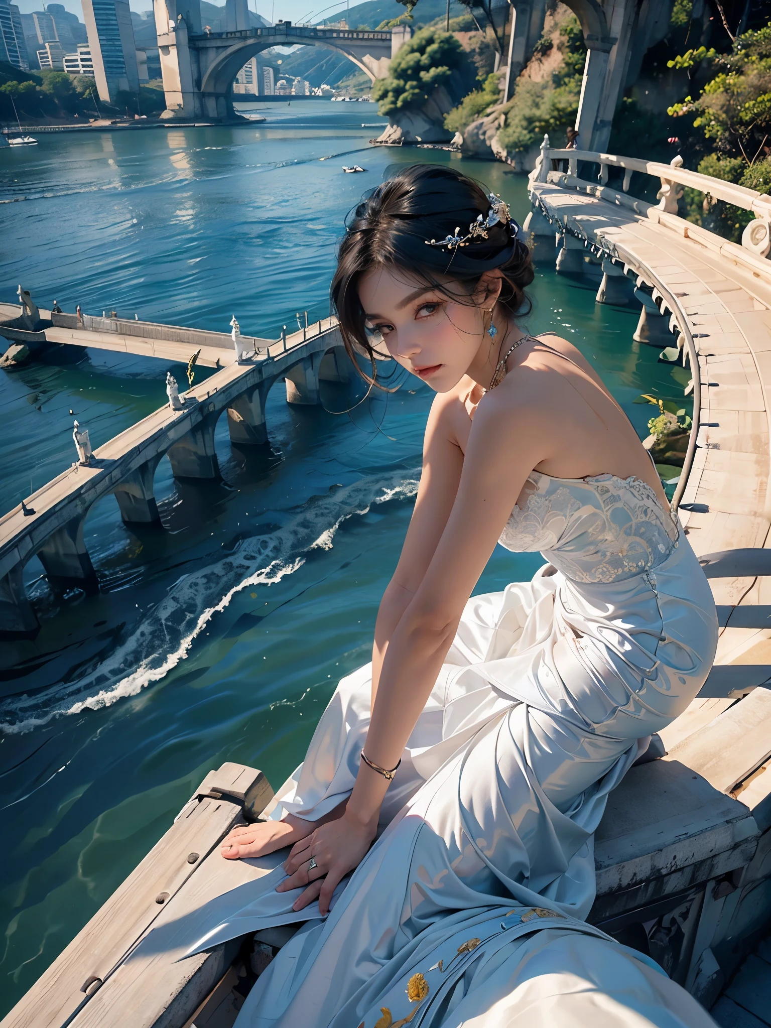 Linda mulher alta, com cabelos ruivos e olhos amarelos, roupa de terno super realista e bem detalhada, tenis branco, (((the woman is face down on the handrail of a curved bridge, observando o rio passar por baixo da ponte))), arvores de cerejeira ao fundo, vendo movendo seus cabelos e suas roupas,  