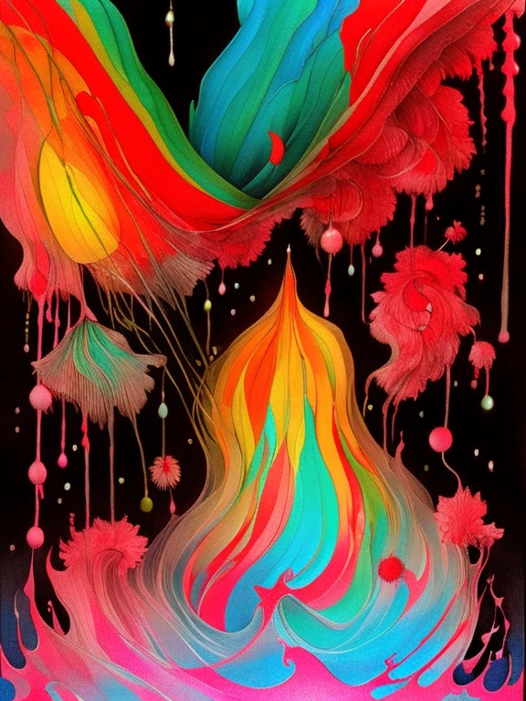 (Colorful liquid falling into water:1.3)、Tree of Beginnings、Deep black background、relax、jazz、Taboo