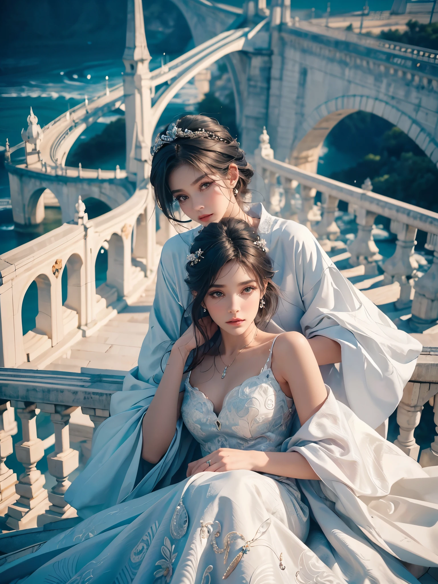 Linda mulher alta, com cabelos ruivos e olhos amarelos, roupa de terno super realista e bem detalhada, tenis branco, (((the woman is face down on the handrail of a curved bridge, observando o rio passar por baixo da ponte))), arvores de cerejeira ao fundo, vendo movendo seus cabelos e suas roupas,