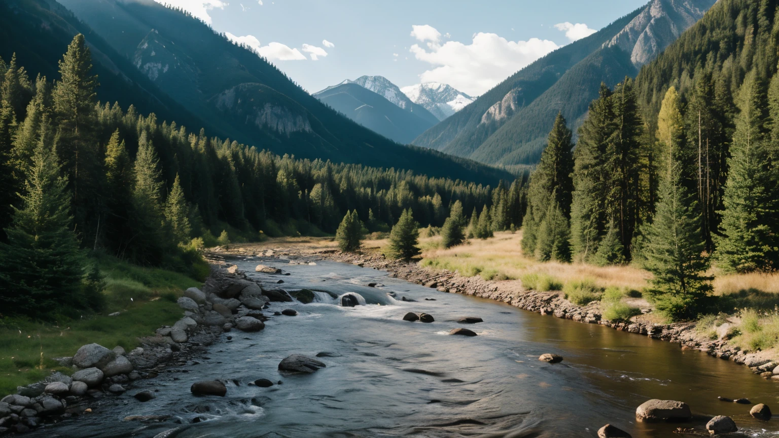realistic, 8k, photorealism, realistic detail, masterpiece, best quality, sharp details, detailed, Highly detailed background, 8k background, plains, river, evergreen trees, mountains