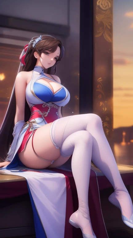 Arad woman in a blue dress sitting on the windowsill, Cute anime girl in a beautiful skirt,(((Full breasts,)))(((Huge Breasts))) (((Cleavage))), Popular on cgstation, 8k high quality detailed art, Anime Barbie wearing white stockings, Very detailed and beautiful fan art, Extremely detailed artger, Anime girl squatting, Flowing Magic Robe, Beautiful and seductive anime woman, wlop 和 sakimichan