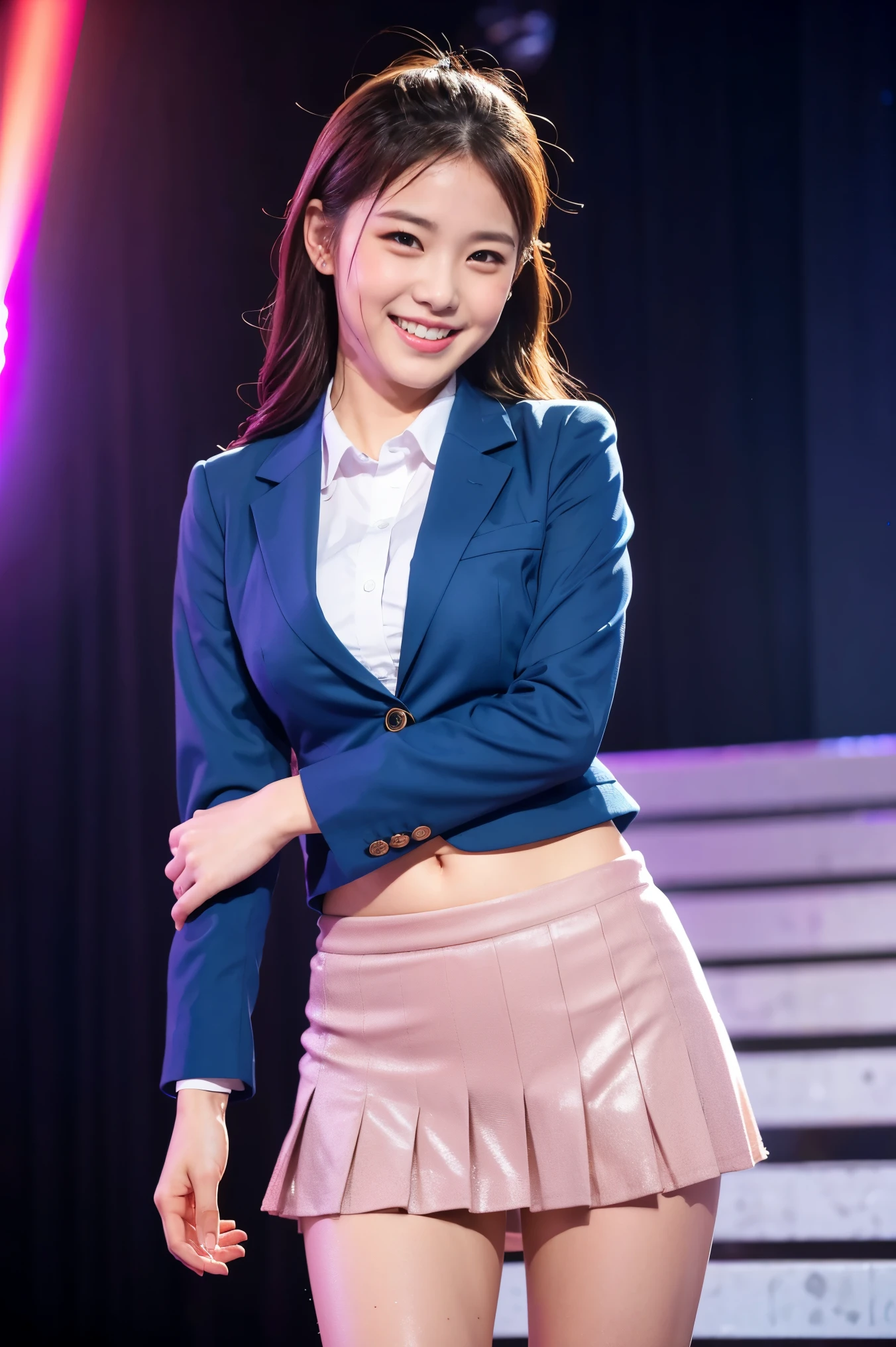 (8k), (highest quality: 1.2), (Realistic), (Realistic: 1.37), Ultra-high resolution, 1 girl, cute, (Embarrassed smile:1.2), (Blushing:1.4)Mouth closed, Beautiful details, Beautiful Nose, Wet Hair, Giant Dulcefo, pork, Thighs,Navel exposed,University Student Uniform,A simple blazer,Pleated skirt,Platform boots,Dancing on the school stage,(Shiny Thighs:1.2),Medium Shot