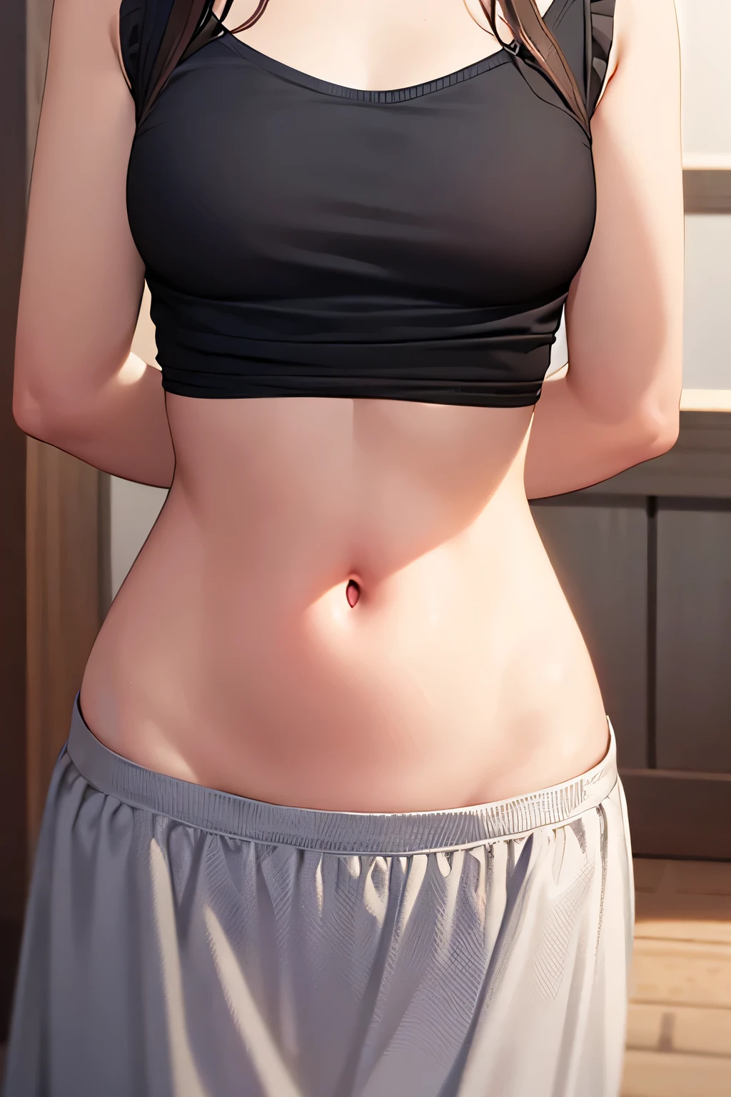 super fine illustration, vibrant colors, masterpiece, sharp focus, best quality, depth of field, cinematic lighting, ultra detailed, blush, annoyed, navel, tummy, 1girl,  looking down, cropped t-shirt, frill long skirt, long hair, dark brown hair, indoors, mature woman , small breasts, 