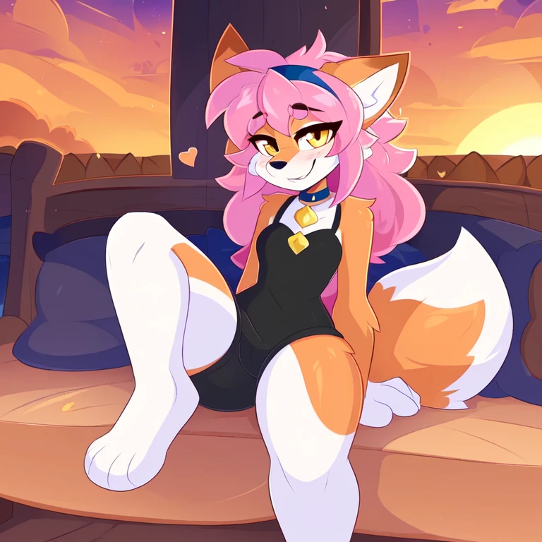 uploaded on e621, female anthro fox, uploaded to e621, ((by teranen, by freeedon, by Kilinah, by Coffeesoda, by Hioshiru, by Kilinah)), cenematic lighting, (confident, seductive), bl, fox, thighighs, medium breast, full body, sunset, beautiful, messy hair, short pink hair, sitting down, putting her toe pointing to the viewer, 1girl, solo, wearing black shorts, blue headband, yellow eyes, trustful face, solo, 1girl, slim body, (half-closed eyes), (mocking smile)