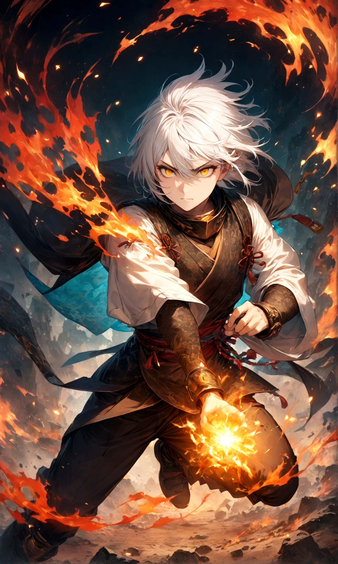 (1 male,gabimaru,Androgynous short hair,white hair,White ninja costume,Gabimaru is a slim androgynous man,Listless,Droopy eyes,Yellow Eyes),,Moderate dirt,Intricate details,,Decadent,artwork,rendering,(masterpiece:1.3),(highest quality:1.4),(Super detailed:1.5),High resolution,Very detailed,unity 8k wallpaper,Dark fantasy,Glare,Fighting Style,BREAK,The ninja outfit that Gabimaru is wearing is white.,The collar and cuffs are black.,BREAK,Use ancient characters as a background design,Flames with detailed patterns