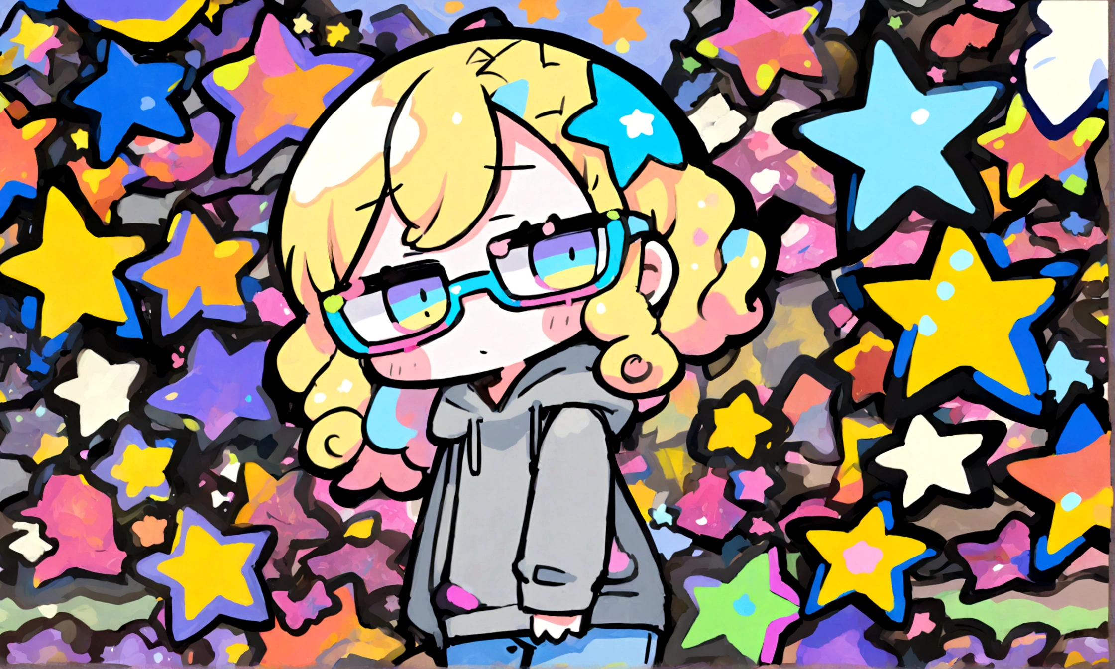 a cute chibi style adult female with blonde curly hair, wearing a grey hoodie and jeans, wearing glasses, has a very colorful star laden backround with mutiple blue shades of hombre colors