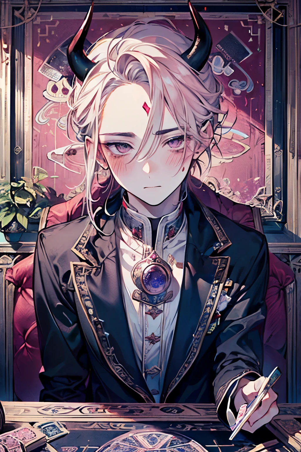 ((male:1.5)),(forehead mark),((Devil horns:1.2)),((blush:1.2)),(Looking down on you:1.5),((A room with a sexy atmosphere:1.25)),((fortune teller:1.3)),((high quality:1.1)),((beautiful image:1.1)),Close-up of face