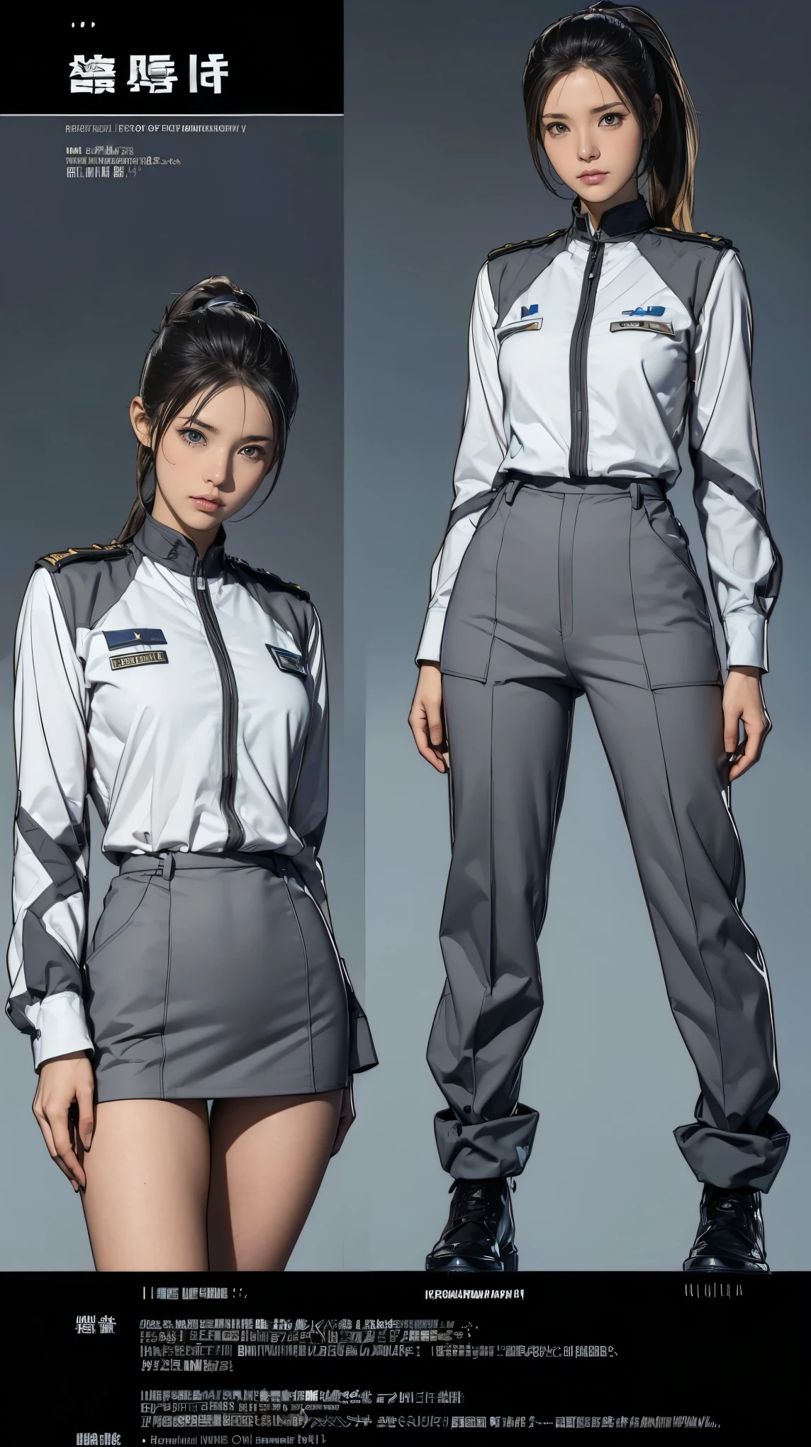 ((masterpiece)),(((highest quality))),((Reference Sheet, Character Design, front, return, ~ ~ ~ side, Mr...々Hairstyle, Mr...々performance, Facial Expressions)), -yeld gi Cute type, (Very slim:1.4), (Very small ass:1.4), Realistic buttocks, Mid-chest， Blonde ponytail:1.2，Thin thighs, Long legs, It's not a big deal,(A female Earth Federation officer is walking), (Wearing Earth Federation military uniform, White and dark grey uniform),(Worn by federal government employees&#39;White Hat:1.5)