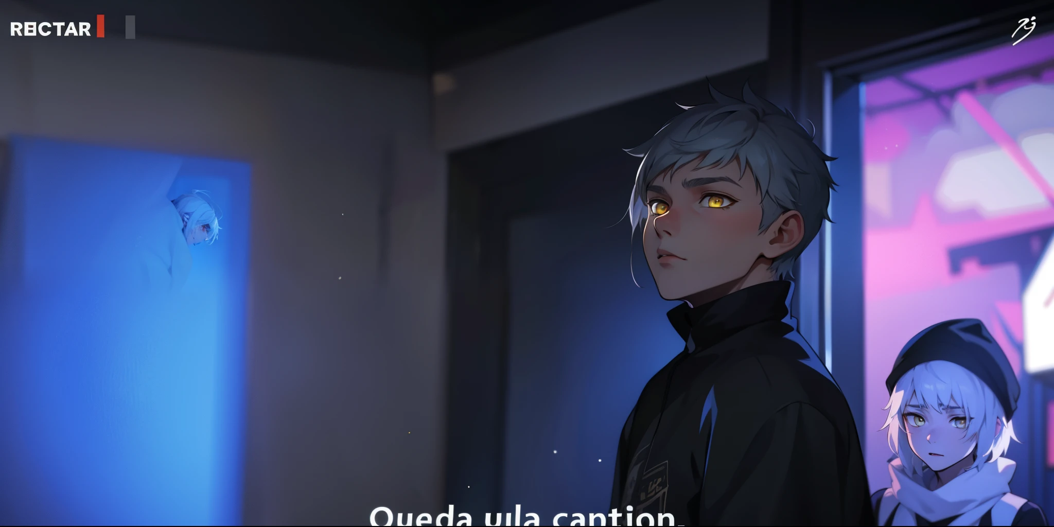 cute 18 year old boy with white hair and yellow eyes speaks calmly
