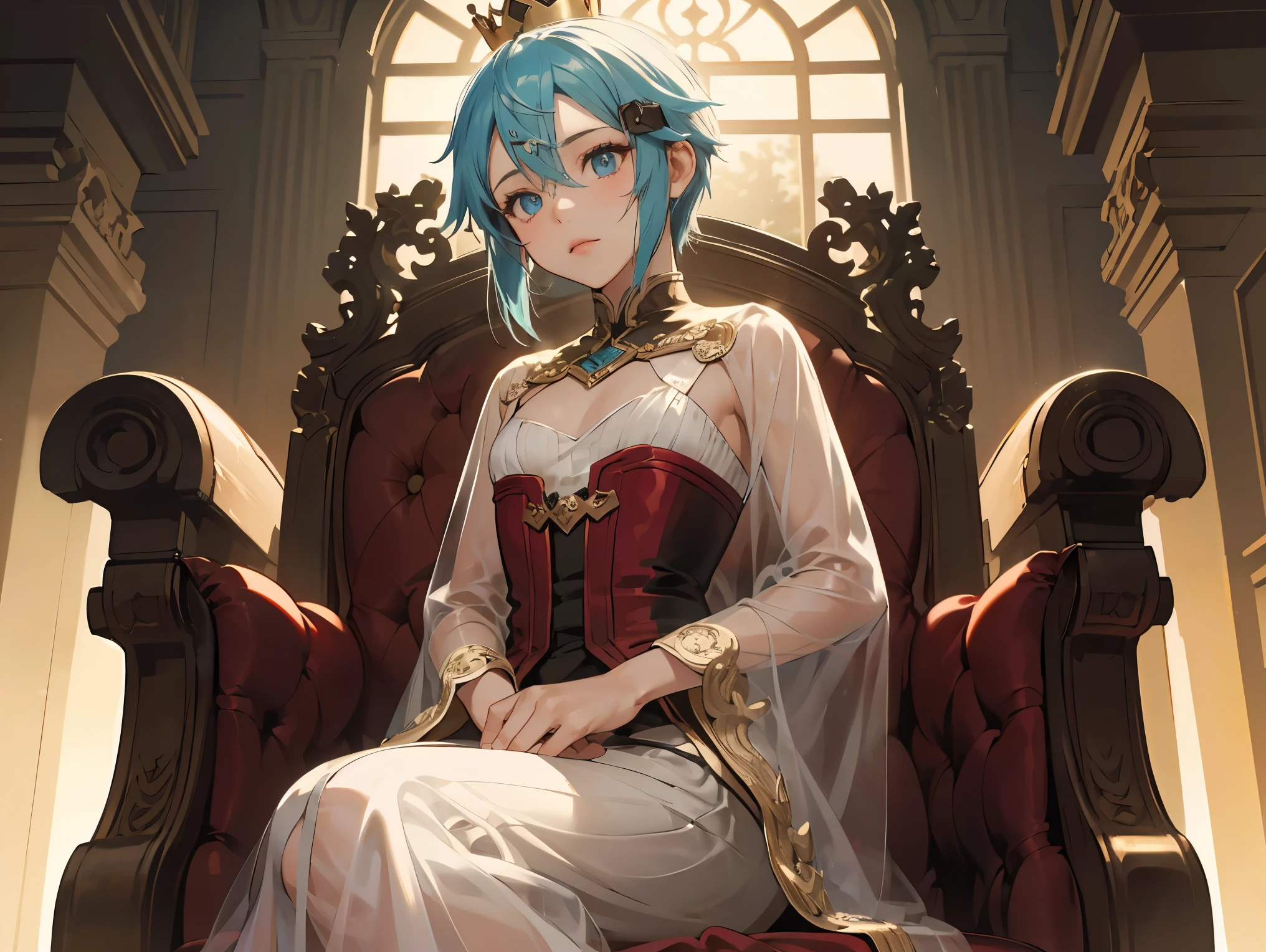 (Masterpiece:1.2), best quality, (illustration:1.2), (ultra-detailed), hyper details, (delicate detailed), (intricate details), (cinematic light, best quality Backlights), clear line, from below, soloist, perfect body, (1girl), deep skin,textured skin,shinoasada, sinon, blue eyes, blue hair, hair ornament, hair between eyes, hairclip, short hair, sidelocks, (small breast:1.2), (emperor, black see-through clothes), (crown: 1.1), sitting on the throne, eyes slightly closed, head down, (shy: 1.2 ), (makeup), high contrast, (best illumination, an extremely create and beautiful), (cinematic light), colorful,