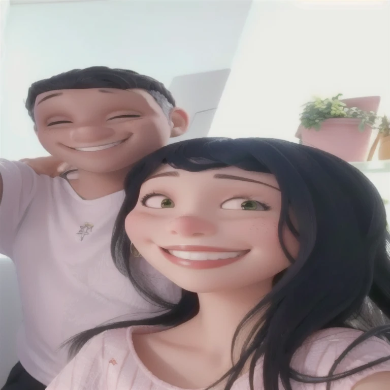 home sorrindo, mulher de cabelo longo e preto sorrindo