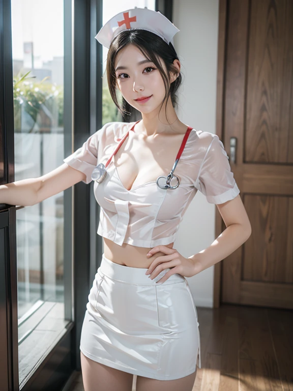 (Best quality: 1.5), (Real: 1.5), (1 person: 1.5), (masterpiece), (Skinny body:1.5), full body, (Highly detailed), (High resolution), 8k, (slightly saggy and medium breasts), Natural colored lips, Japanese woman, 24 old girl, thin eyebrows, beautiful and elegant face, cute face, arched thin eyebrows, (big eyes with a good balance between the left and right sides), cute eyes, beautiful eyes, beautiful thin nose, beautiful face line, fair skin, beautiful and graceful features, natural bangs, beautiful and thin nose, beautiful skin , medium bob hair, (bob hair:1.5), natural bangs, perfect and beautiful facial features, slim face and figure, (bright lighting), (professional lighting:1.5), (frontal lighting), beautiful cleavage, 1 girl, cute and sexy 24 old woman, slim Japanese woman, fair skin, (cute smile), Beautiful breasts, Large window room , Beautiful hip line, (slim hips:1.2), beautiful slim thighs, (Japanese idol:1.5), Beautiful detailed skin, (White Micro Mini Skirt Nurse Costume: 1.5), (White Micro Bikini), White Cute pose, (Mini Skirt Nurse Costume),