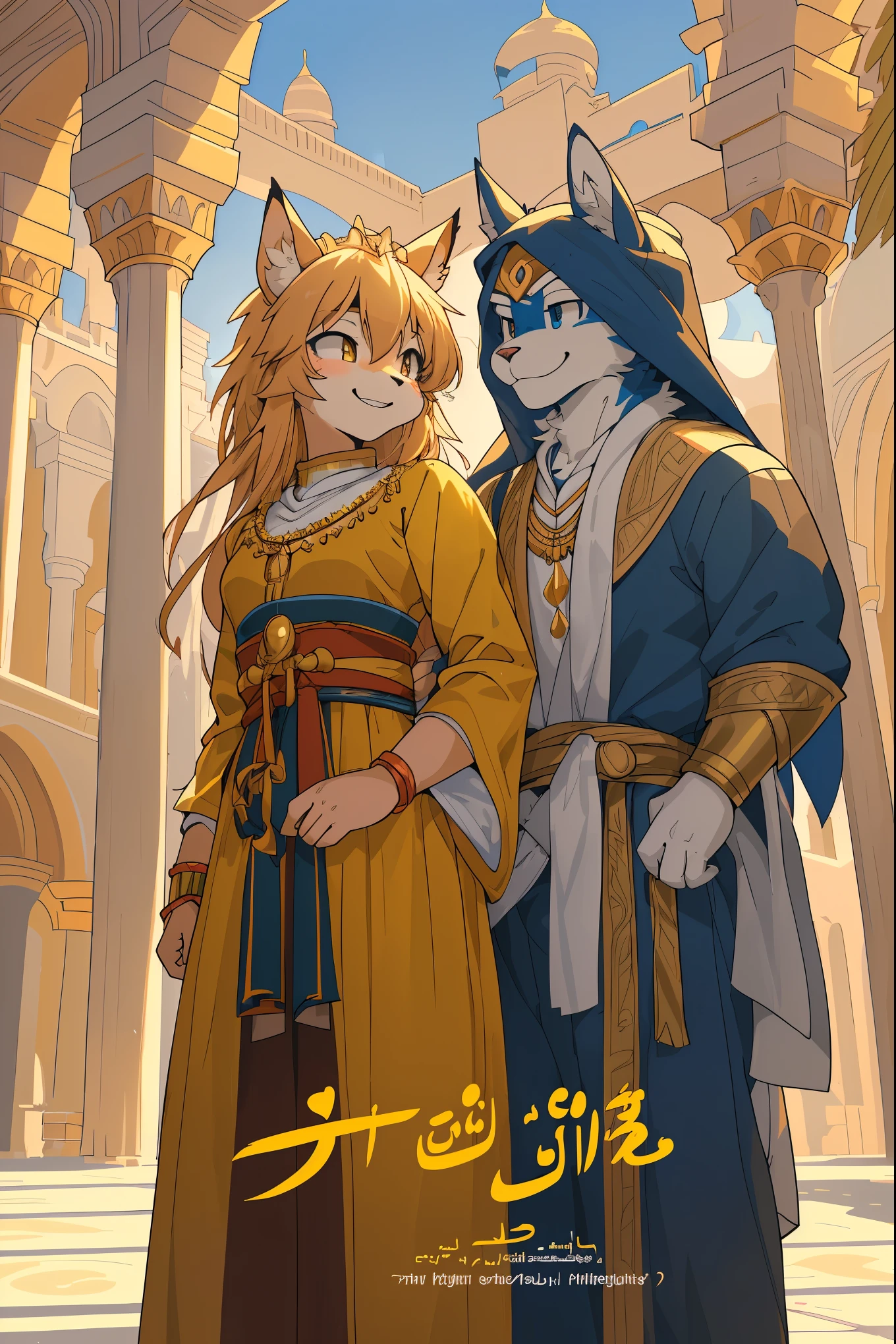 movie poster, highres, top quality, best quality, paid reward available, unparalleled masterpiece, perfect artwork, absurdres, High-quality illustrations, super high resolution, detailed background, perfect ???????(1girl, 1boy, couple, kemono, furry anthro, fearless smile, Arab national costume, love romance)The Arabian Nights, Alf Laylah wa Laylah,