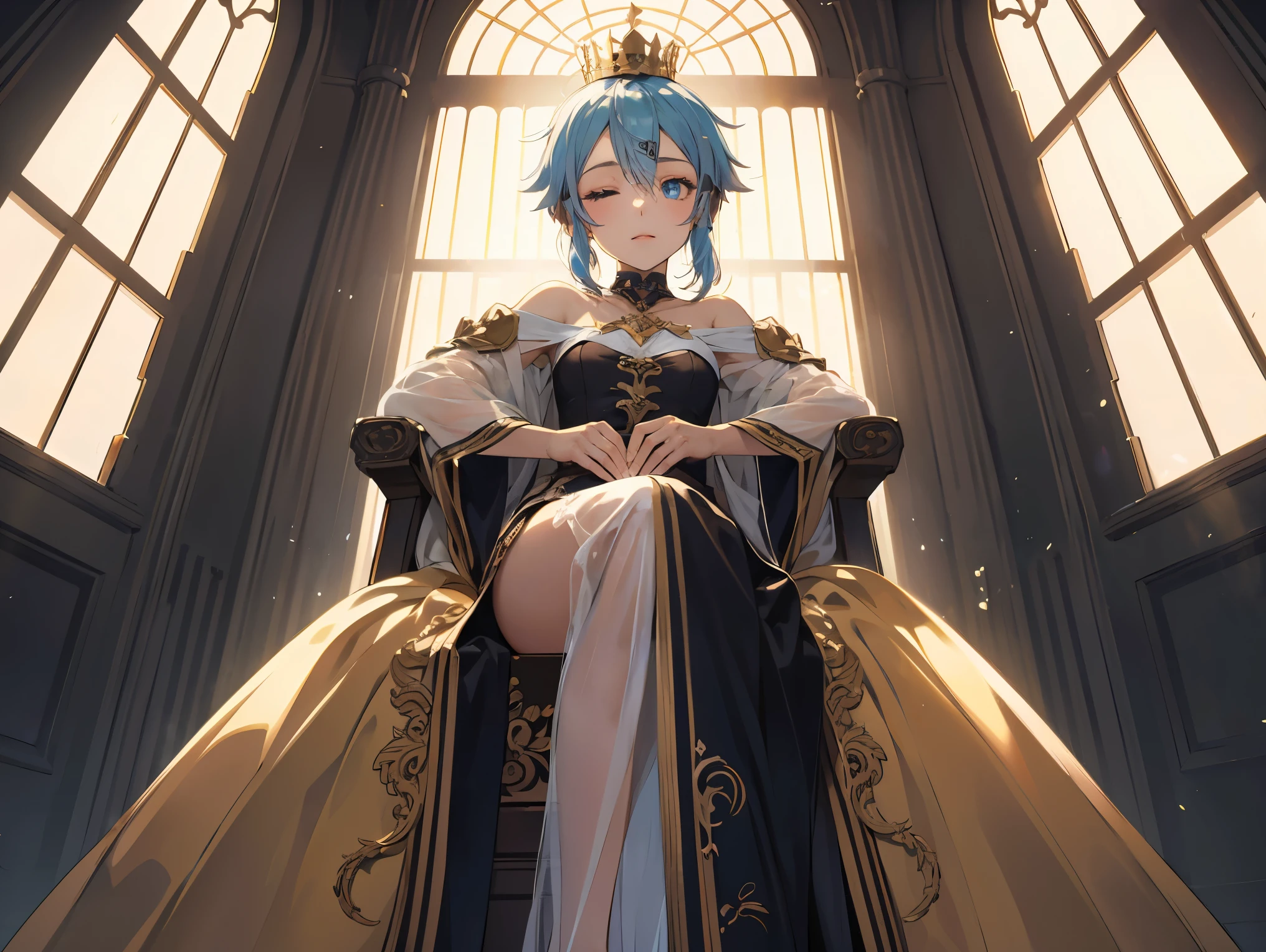 (Masterpiece:1.2), best quality, (illustration:1.2), (ultra-detailed), hyper details, (delicate detailed), (intricate details), (cinematic light, best quality Backlights), clear line, from below, soloist, perfect body, (1girl), deep skin,textured skin,shinoasada, sinon, blue eyes, blue hair, hair ornament, hair between eyes, hairclip, short hair, sidelocks, (small breast:1.2), (emperor, black see-through clothes), (crown: 1.1), sitting on the throne, eyes slightly closed, head down, (shy: 1.2 ), (makeup), high contrast, (best illumination, an extremely create and beautiful), (cinematic light), colorful,