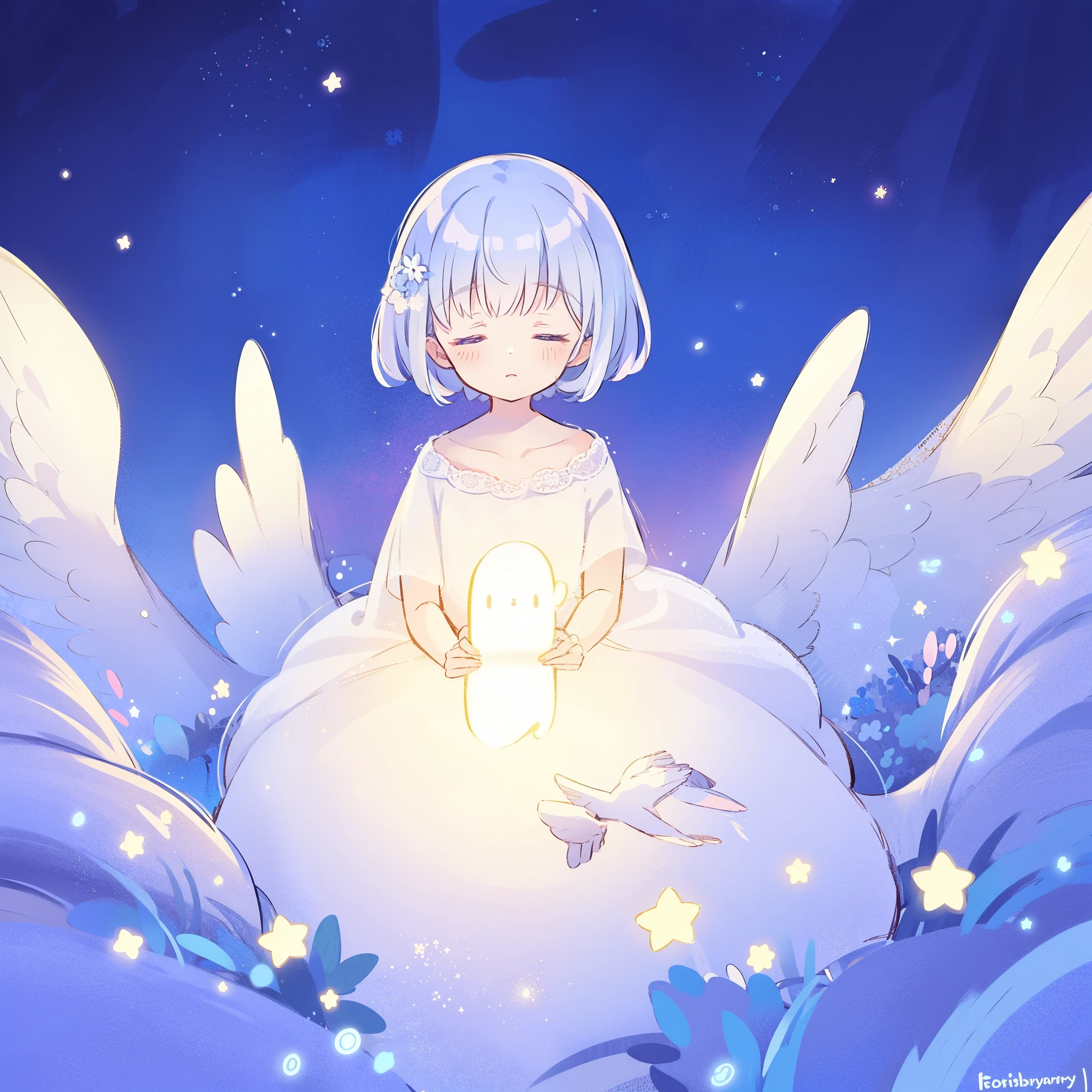 wishing star background, angel girl wearing an ethereal translucent dress that reflects the stars, pale blue lilac hair, magical, whimsical, fantasia, dreamy, serene composition, masterpiece, best quality, perfection, complex drawing, highly detailed, ethereal, starry night, midjourney style