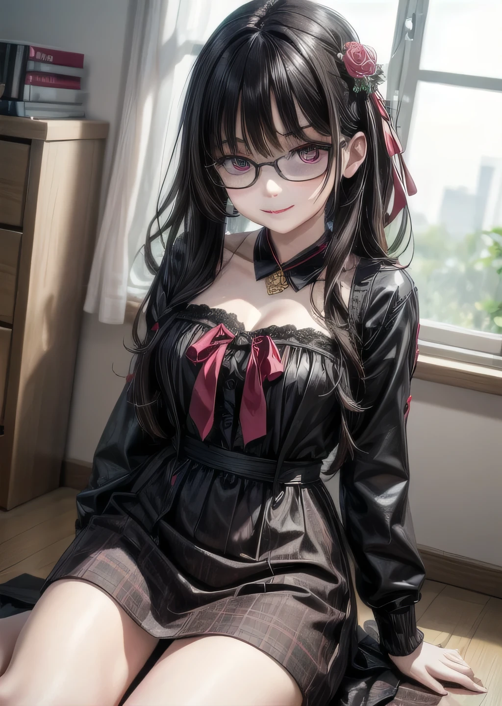 (highest quality:1.4), (High resolution:1.2), Sharp contours, Long Hair, highest quality, masterpiece,Glasses,Voice of the Heart,yandere,Full Body Shot,20-year-old woman,yandere,Big Breasts,Ecstasy,saliva,blush,Squint your eyes,Heterochromia iridis,Tuck up your clothes,zettai ryouiki