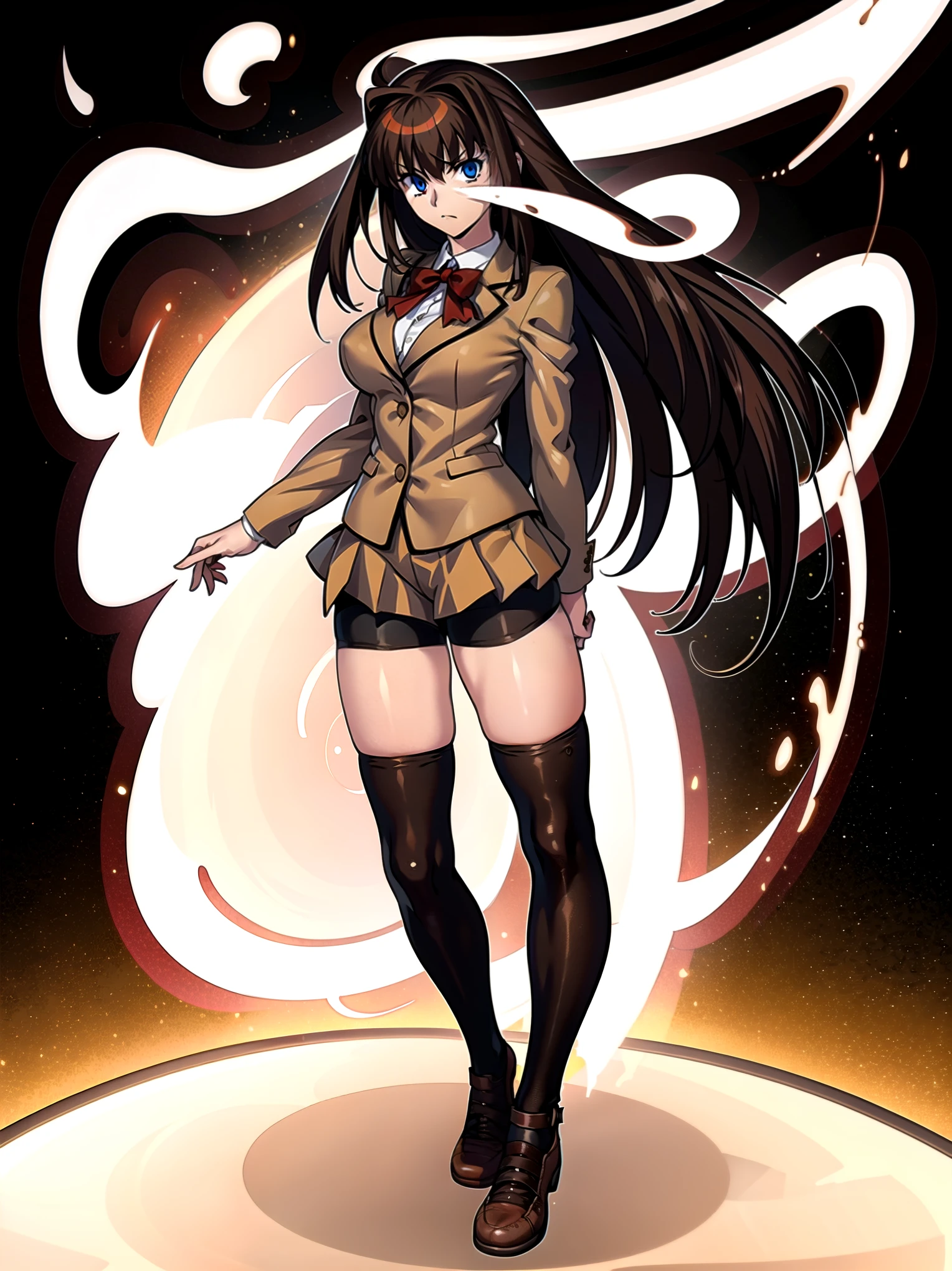 BREAK, centered, BREAK, (EMPTY BACKGROUND), BREAK, (masterpiece), best quality, highest resolution, 8k, illustration, (beautiful detailed eyes:1.5), perfectface, extremely detailed body, CG, perfect hands, perfect anatomy, ((1girl)), ((solo)), (((bbaoko))), ((2 legs max)), ((2 feet max:1.5)), ((swirling vortex shaped longest brown hair:1.5)), (brown longest hair with slightly reddish undertone:1.6), (lush luscious longest brown hair:1.6), (very long voluminous longest brown hair:1.5), serious, blue eyes, red bowtie, (Form-fitting beige blazer:1.5), brown jacket, (highly detailed beautiful face:1.2), (white shirt:1), (well shaped large breasts:1.6), (nice hips:1), pretty legs, ((thigh-high black stockings:1.6)), ((lflowing Umber pleated skirt:1.6)), (((large bike-shorts:1.6))), (toned visible skin thighs:1.6), (strap shoes brown color), (facing front:1.5), ((standing straight:1.5)), ((Fullbody in frame:1.5)), ((Full body:1.5)), (takeuchi takashi:1.3)