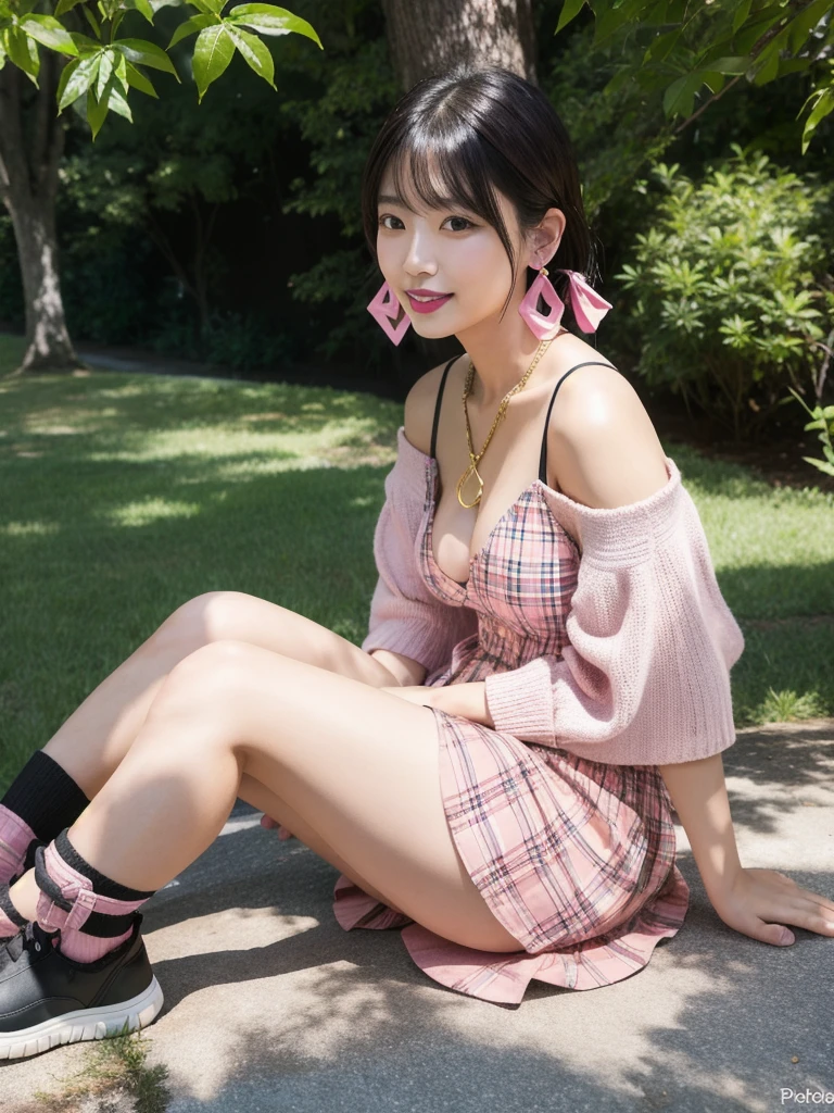 (8k, Photorealistic, Raw photo, Highest quality: 1.4),Japanese idol style1Beautiful girl of the person,18-year-old,Short bob hairstyle,Blackの髪,She has her hair tucked behind her ears,She has small earrings in her ears,Big, clear grey eyes,Long eyelashes,Plump Cheeks,(She is applying lipstick,(Pink :1.4)),Apply gloss over your lipstick for glossy, plump lips,Smiling,A short pendant is hanging around her neck.,両手の爪にBlackのマニキュアを塗っている,両足の爪にBlackのマニキュアを塗っている,Wearing an off-the-shoulder summer knit on bare skin,I can see her cleavage(Wearing a pleated skirt,(Plaid,Black :1.4)),barefoot,(Grass under the tree in the park),(Sitting,(Crossing your legs :1.7)),She is surrounded by the gentle sunlight filtering through the trees.,Angle from the front,Full body portrait