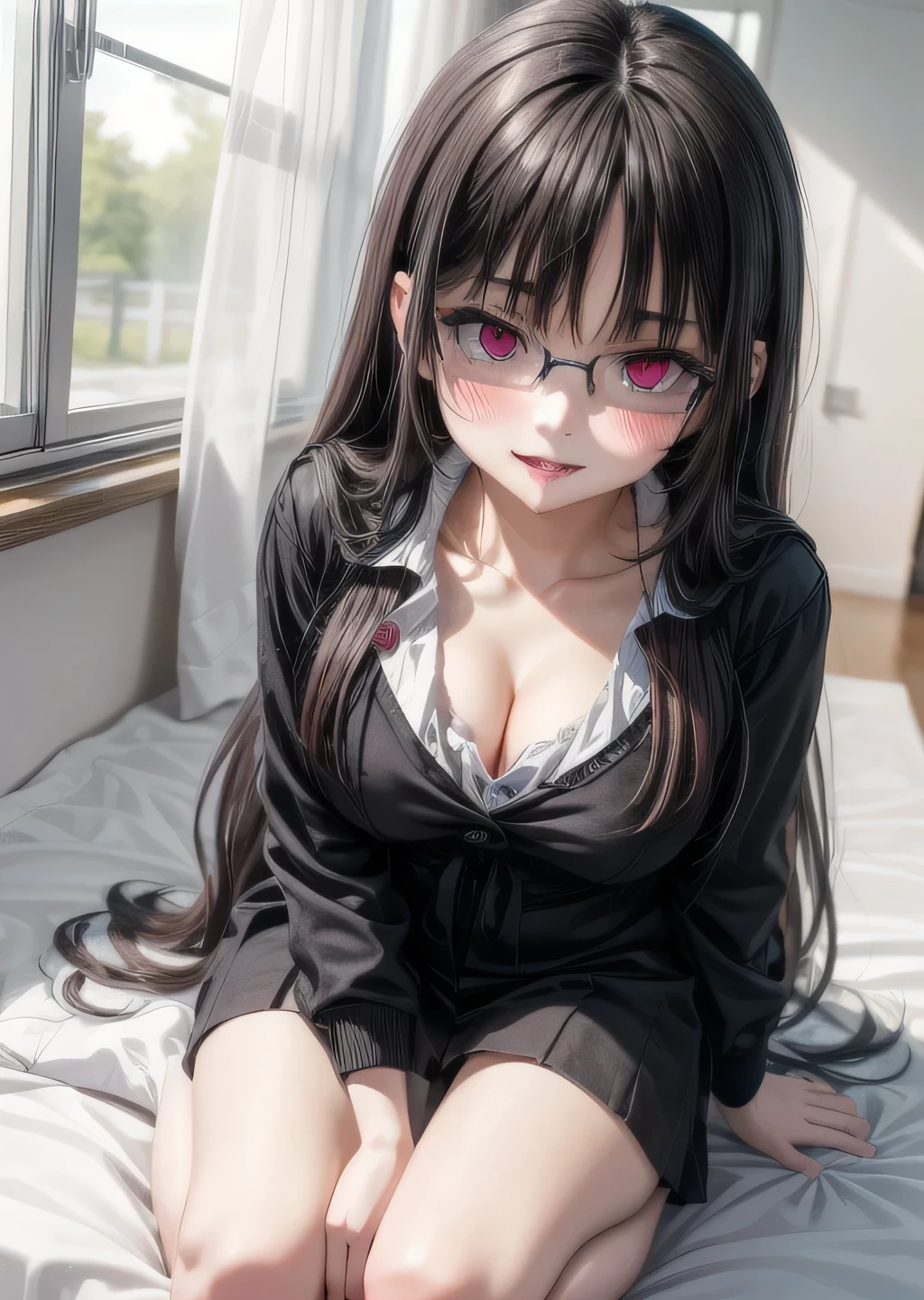 (highest quality:1.4), (High resolution:1.2), Sharp contours, Long Hair, highest quality, masterpiece,Glasses,Voice of the Heart,yandere,Full Body Shot,20-year-old woman,yandere,Big Breasts,Ecstasy,saliva,blush,Squint your eyes,Heterochromia iridis,Tuck up your clothes,