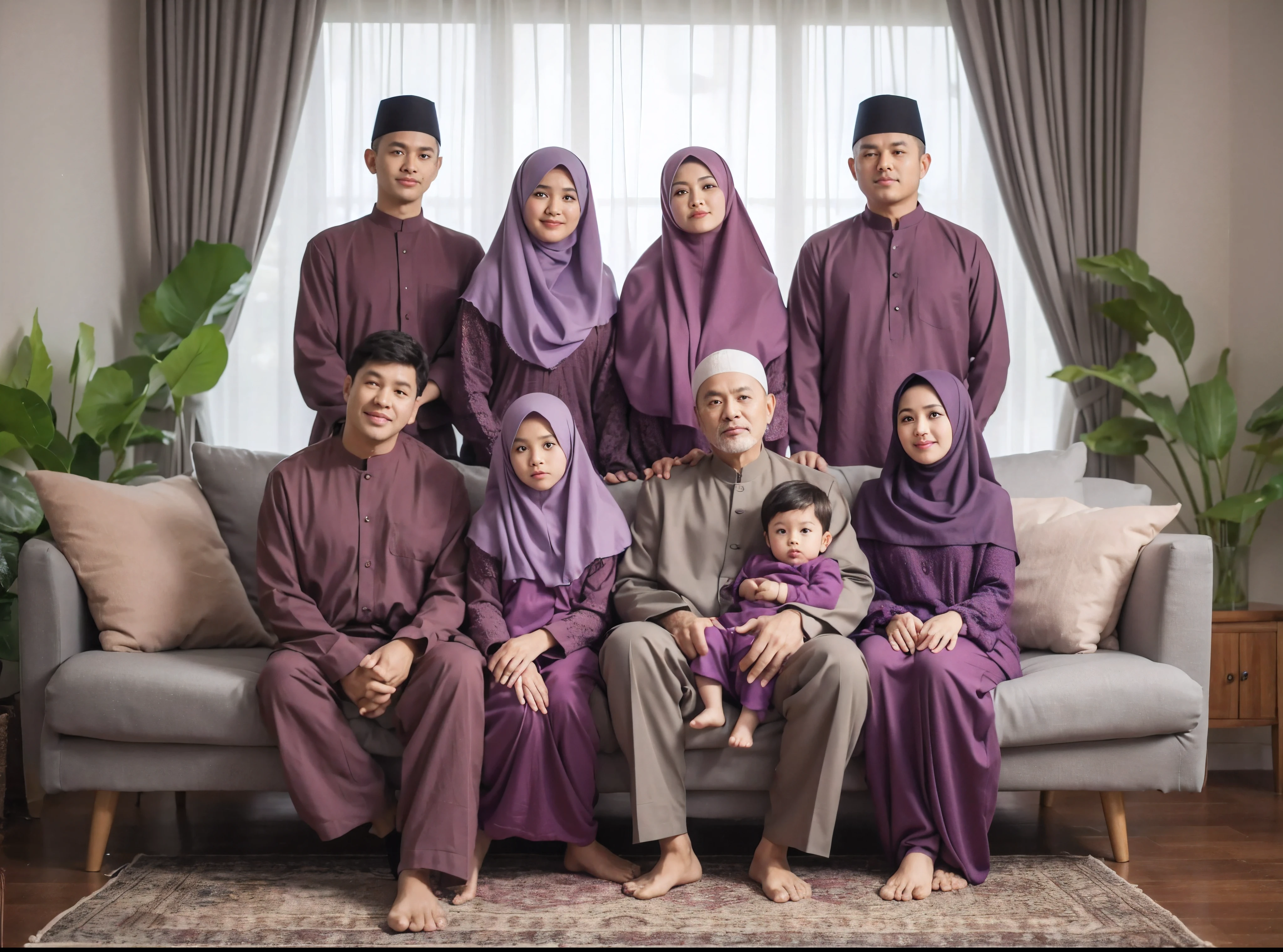 Family photo in Indonesia, nine members, two women 5, sitting with a 13-yea 50-year-old grandmother holding a 1-year-old boy, three ng behind the sofa, all wearing matching purple Muslim clothes and long sharia hijabs. Realistic photo, living room background, daylight, green flower vase, UHD, 32K