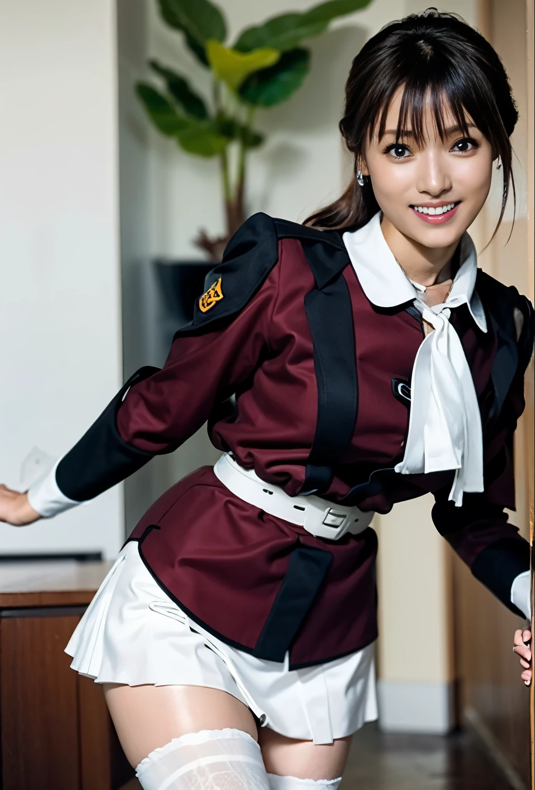 fruitpPhoto of the occasion、Best image quality、fruit像、The best smile、(White panties:1,4)、Federal Army Uniform Miniskirt、Yuko Sugai、Japanese women, 16 years old、ponytail、Satomi Ishihara、pretty girl、White pantiesーが丸見え、(White pantiesー:1.3)、Ultra mini skirt、Beautiful thighs、White pantiesー、ミニスカートがめくれてWhite pantiesーが見えてる