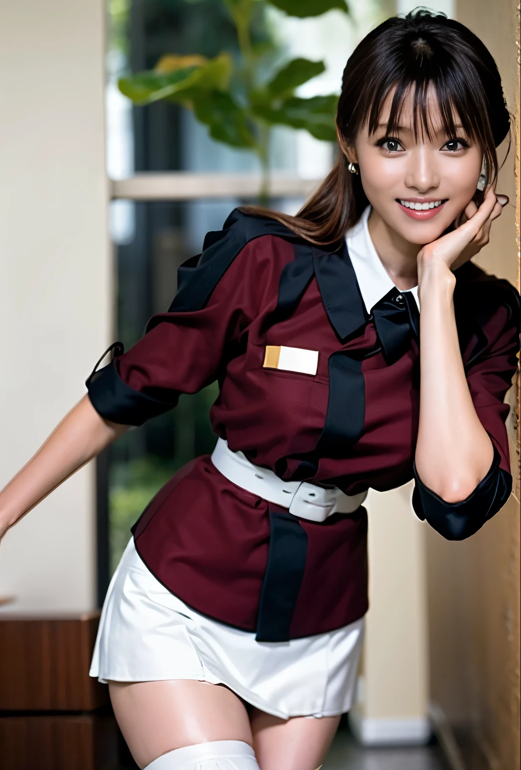 fruitｐPhoto of the occasion、Best image quality、fruit像、The best smile、（White panties:1,4）、Federal Army Uniform Miniskirt、Yuko Sugai、Japanese women, 16 years old、ponytail、Satomi Ishihara、pretty girl、White pantiesーが丸見え、（White pantiesー:1.3）、Ultra mini skirt、Beautiful thighs、White pantiesー、ミニスカートがめくれてWhite pantiesーが見えてる
