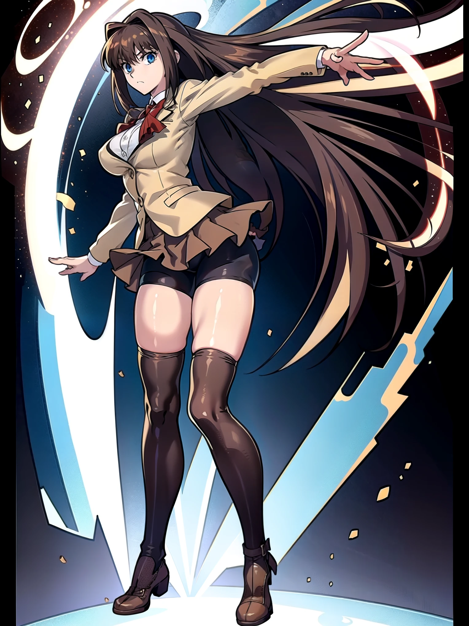 BREAK, centered, BREAK, (EMPTY BACKGROUND), BREAK, (masterpiece), best quality, highest resolution, 8k, illustration, (beautiful detailed eyes:1.5), perfectface, extremely detailed body, CG, perfect hands, perfect anatomy, ((1girl)), ((solo)), (((bbaoko))), ((2 legs max)), ((2 feet max:1.5)), ((swirling vortex shaped longest brown hair:1.5)), (brown longest hair with slightly reddish undertone:1.6), (lush luscious longest brown hair:1.6), (very long voluminous longest brown hair:1.5), serious, blue eyes, red bowtie, (Form-fitting beige blazer:1.5), brown jacket, (highly detailed beautiful face:1.2), (white shirt:1), (well shaped large breasts:1.6), (nice hips:1), pretty legs, ((thigh-high black stockings:1.6)), ((lose Umber pleated skirt:1.6)), (((large bike-shorts:1.6))), (toned visible skin thighs:1.6), (strap shoes brown color), (facing front:1.5), ((standing straight:1.5)), ((Fullbody in frame:1.5)), ((Full body:1.5)), (takeuchi takashi:1.3)
