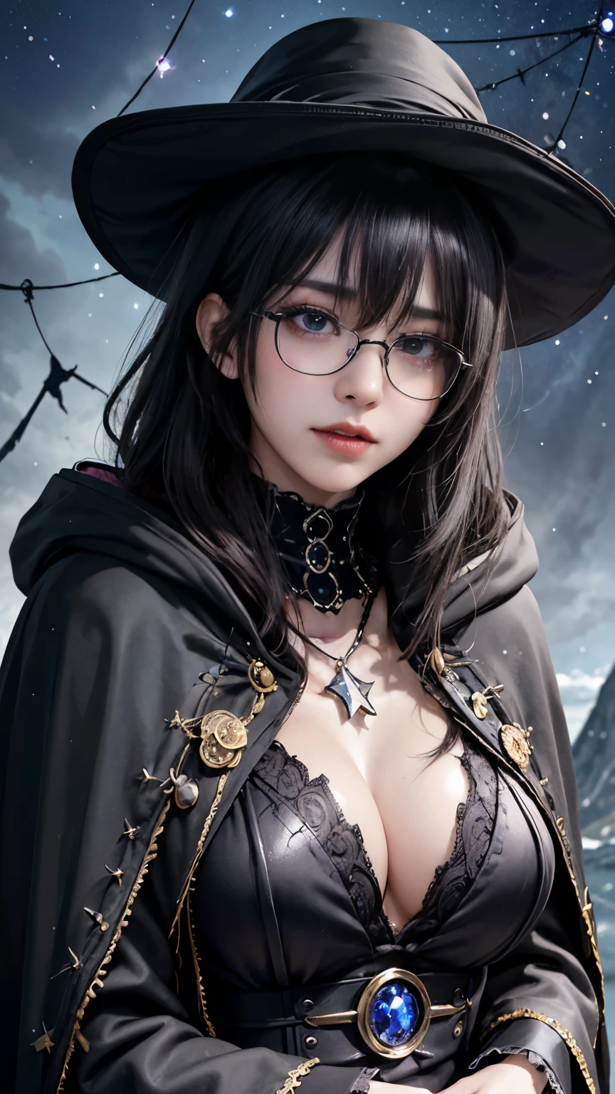 (Fatal Beauty,A charming villain,witch) ,(A supple and powerful physique),(Sensual charm),(Mysterious charm:1.1),(Captivating silhouette),((((Glasses))))、((((big sapphire necklace))))、(highest quality,High resolution:1.2),(dark,Threatening:1.1),((dark horror theme:1.5),(Thriller:1.5)),(Dark fantasy:1.5),  (((Countless stars fly away:1.5),(Absurd:1.5),(wonderful:1.5))),Woman in red Dress, (Powerful numbers:1.1),(((Big Breasts))),(((Fiery crown:1.1))),prime color,Urban,Very detailed,masterpiece,Intricate details,Faded,Very detailed, Eye on the details,Intricate details,暗くてSpooky atmosphere,  spiritual being, Unforgettably beautiful, Ghostly figures, Shadow-like shape, Spooky whispers, Ominous Aura, Goth Maiden, Very darkHer eyes, Like dazzling fur in a starless haze,Her Mogul Snaps, Mysterious Cemetery,Black hair swaying in the moonlight, She summons darkness, (beautiful: 1.7), (Black Hat: 1.6), (An intricately decorated jet-black cloak: 1.6), (Delicately decorated cloak, Despite being damaged: 1.5), Hypermaximalist,  Breathtaking oil paintings, Surreal, Ultra-realistic digital illustrations that mimic the style of oil paintings, Seamlessly blending the psychedelic visionary art of Alex Grey with the physical-mechanical aesthetic of H.R. Giger. wonderful構成,  (Shining Eyes:1.6)、(Glowing Eyes:1.1),(hellish landscape:1.1),(fire,sulfur:1.1),(Threatening atmosphere:1.1),(dark shadows,Threatening presence:1.1),(Unlucky Clouds,Stormy Skies:1.1),(dark,Spooky atmosphere:1.1),(Aura of misfortune,Evil energy:1.1),(dark aura,cigarette:1.1),(Extreme heat,Burning Flames:1.1),(Nightmare Visions:1.1),(Predicting the end:1.1),(Whispers of misfortune,Devilish Laugh:1.1),(Cries of pain,echoing screams:1.1),(Bad luck symbol,Ancient runes:1.1),(Mysterious Relic,dark art ifacts:1.1),(Infernal Ritual,Ritual sacrifice:1.1),(Eternal Ruin,A hopeless existence:1.1),  Inspired by abandoned mech backgrounds. Art created by Craig Mullins, Necrostyle., Detailed Description, Futuristic sci-fi scene. Focus on SFCon