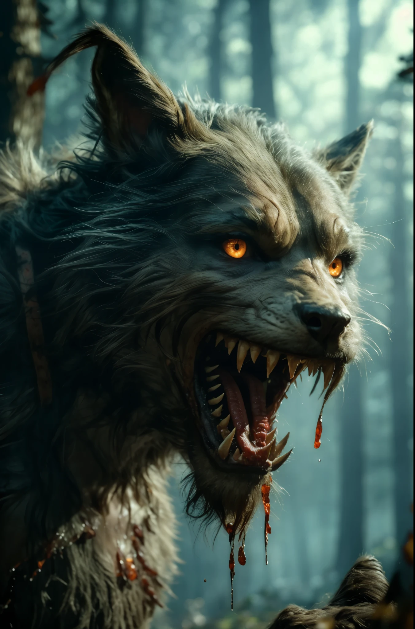 ((Masterpiece))), ((Best Quality))), ((Ultra Detailed)), (Surreal), (Highly Detailed CG Illustration), Cinematic Light, Realistic, werewolf, bloody, furry, horror, eerie atmosphere, moonlit night, sharp fangs, claws, menacing eyes, dark shadows, misty forest, intense gaze, gory details, savage, primal, terrifying, chilling, hair-raising, visceral, nightmarish, gruesome, spine-chilling