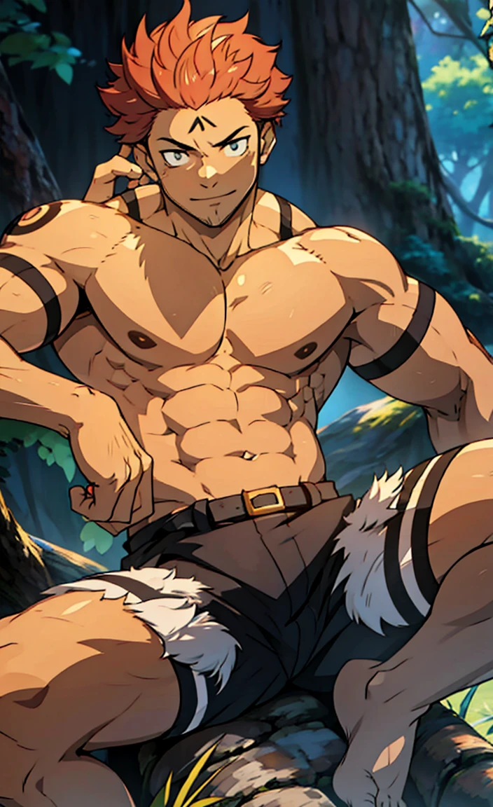 (canto da foto de baixo para cima) (imagem da mais alta qualidade) Lion man ,real, jovem, , vestindo shorts, virilha saliente, imagem de anime, sitting on ground, pernas bem abertas, male face, bonito rosto jovem, cabelo subcortado, huge muscle muscles of the chest, large strong thigh muscles, Biceps Sinewy muscles, Corpo enorme, corpo tonificado devido ao treinamento intenso, Well-developed muscles, ABS transparente de 8 embalagens, 3 metros de altura, topless, , pele brilhante, rede de suor pingando, hands on thighs, bare feet, Sem barba