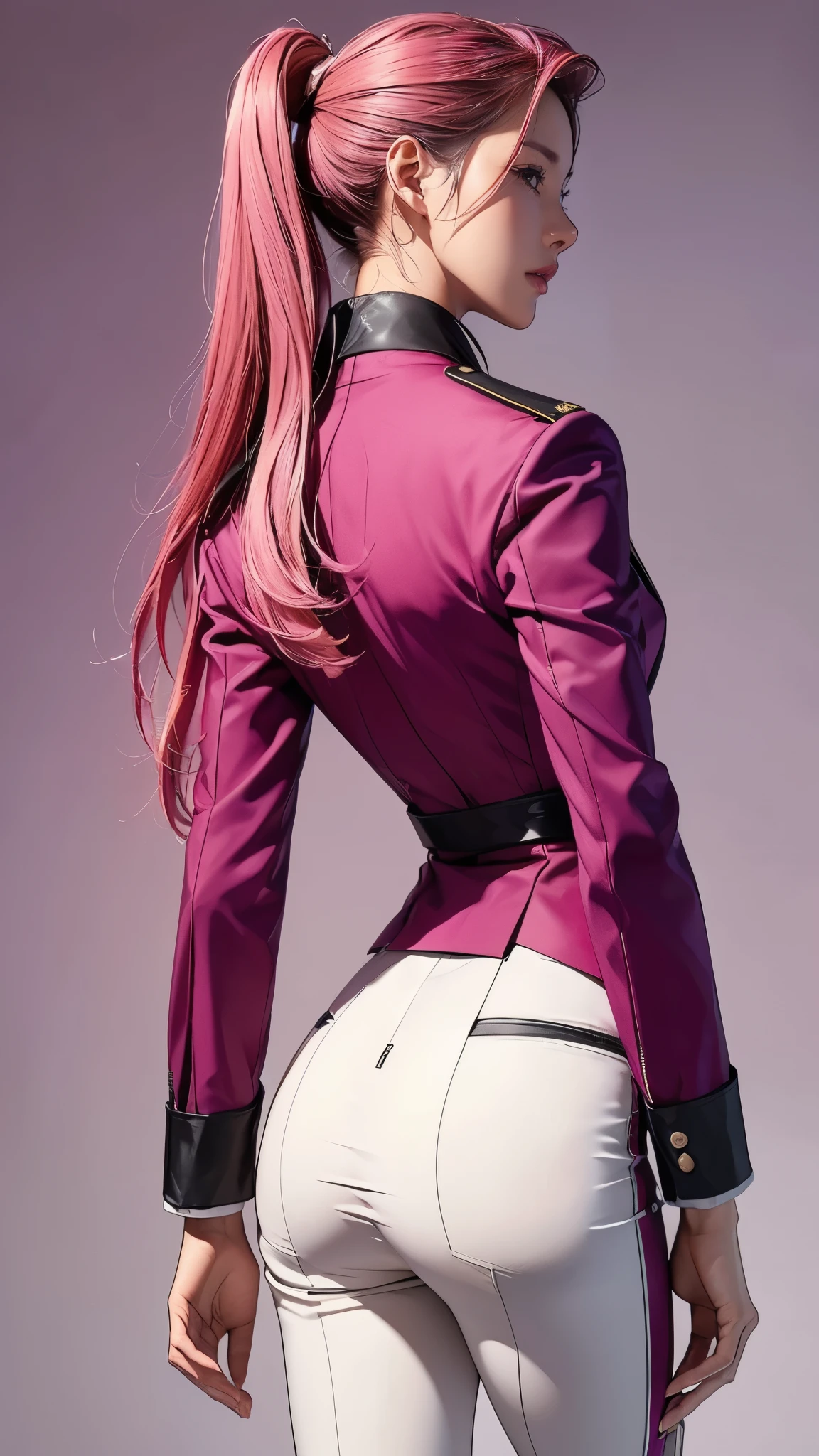 ((masterpiece)),(((highest quality))),((Reference Sheet, Character Design, front, return, ~ ~ side, Mr..々Hairstyle, Mr..々Performance, Facial Expressions)), 14-year-old girl, Cute type, (Very slim:1.4), (Very small ass:1.4), Realistic buttocks, Medium chest, Pink hair, mohawk and ponytail:1.2,Thin thighs, Long legs, It's not a big deal,(A female Earth Federation officer is walking), (Wearing Earth Federation military uniform, White and magenta military uniforms),(Worn by federal government employees'White Hat:1.5)