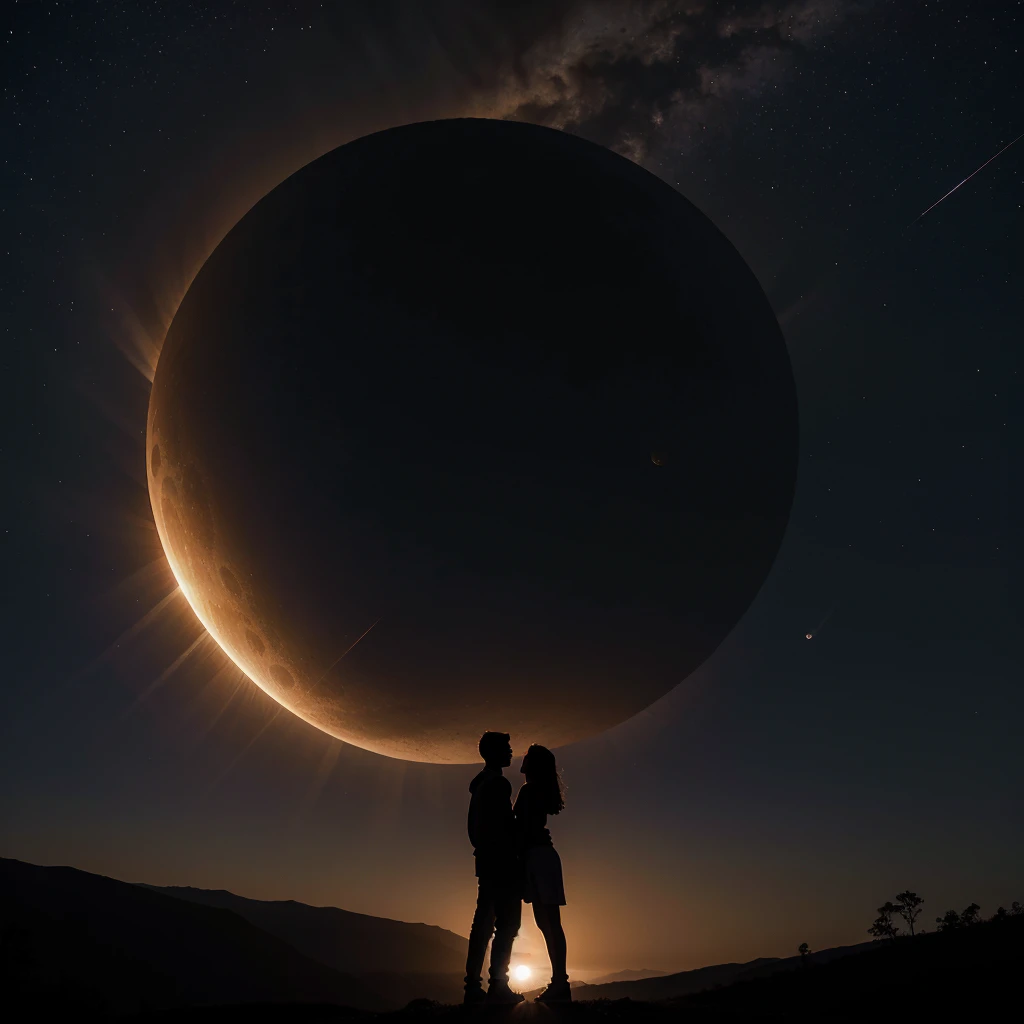 make the cover of a book where two teenagers are (hombre y mujer) sentados en un cesped en el medio del bosque mirando un eclipser lunar en medio de la noche. Where there are illuminated stars, They are on their backs enjoying the view. Solo se ve sus espaldas de color negro. Everything is dark and only the light of the eclipse can be seen (la portada tiene el nombre de "Eclipse"