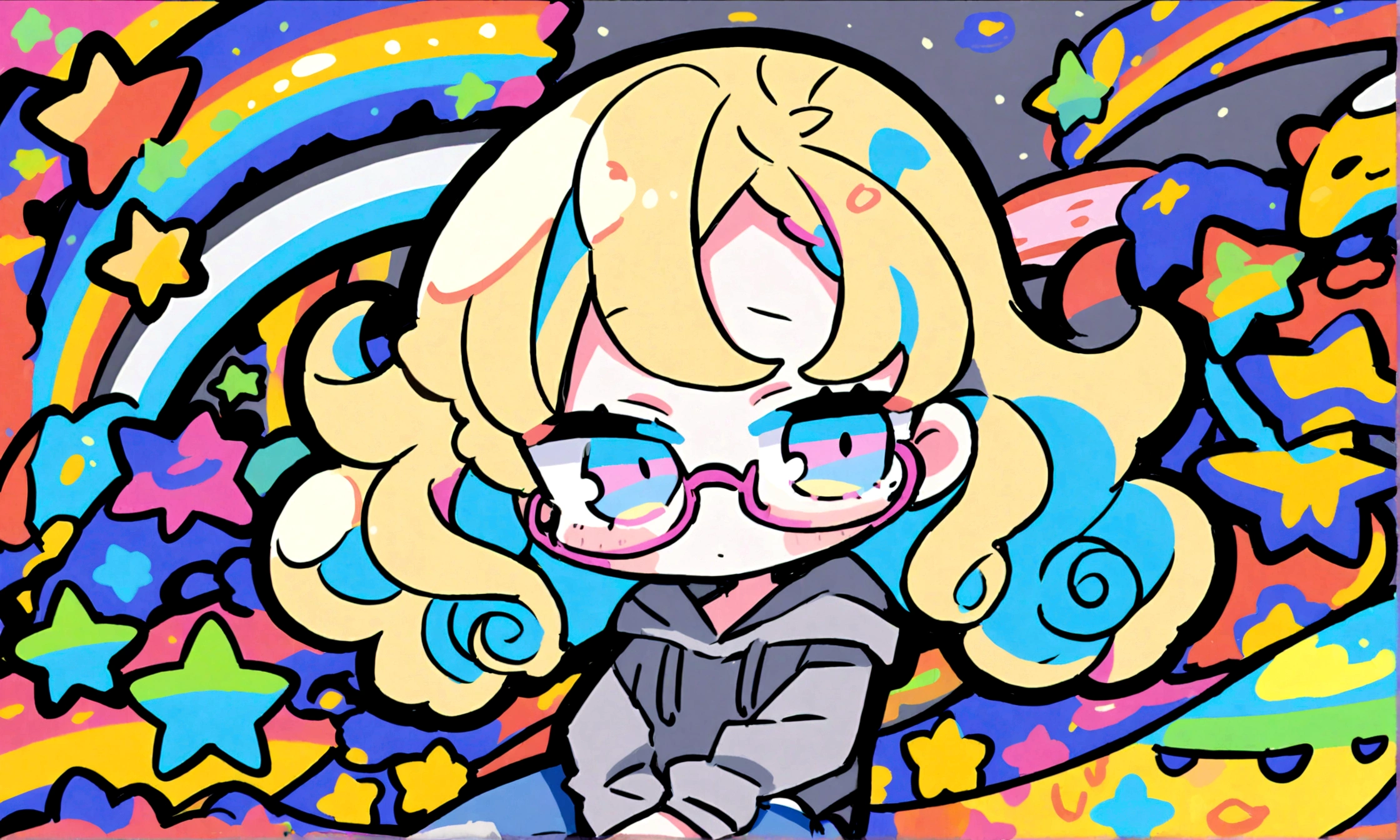 a cute chibi style adult female with blonde curly hair, wearing a grey hoodie and jeans, wearing glasses, has a very colorful star laden backround with mutiple blue shades of hombre colors