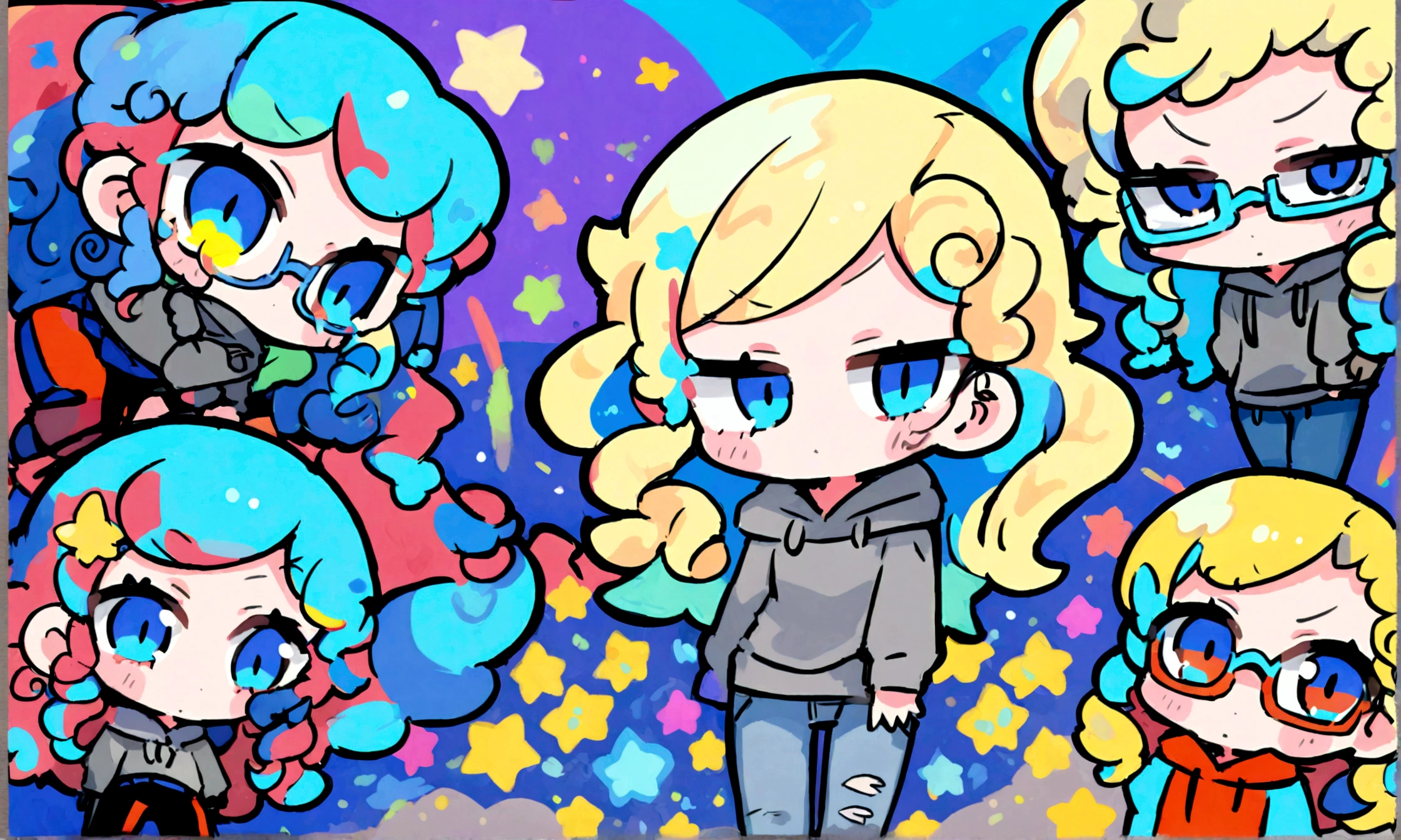 a cute chibi style adult female with blonde curly hair, wearing a grey hoodie and jeans, wearing glasses, has a very colorful star laden backround with mutiple blue shades of hombre colors