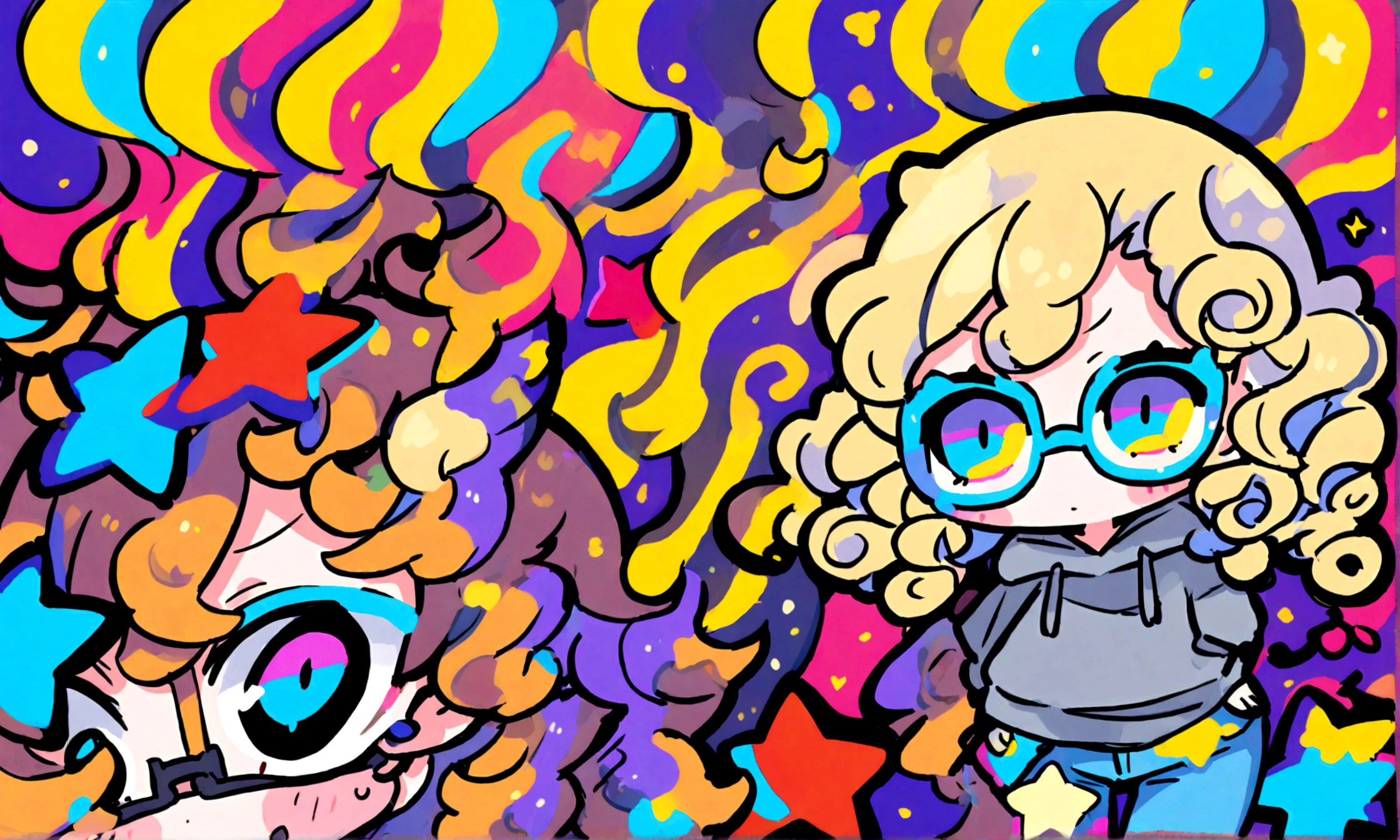 a cute chibi style adult female with blonde curly hair, wearing a grey hoodie and jeans, wearing glasses, has a very colorful star laden backround with mutiple blue shades of hombre colors