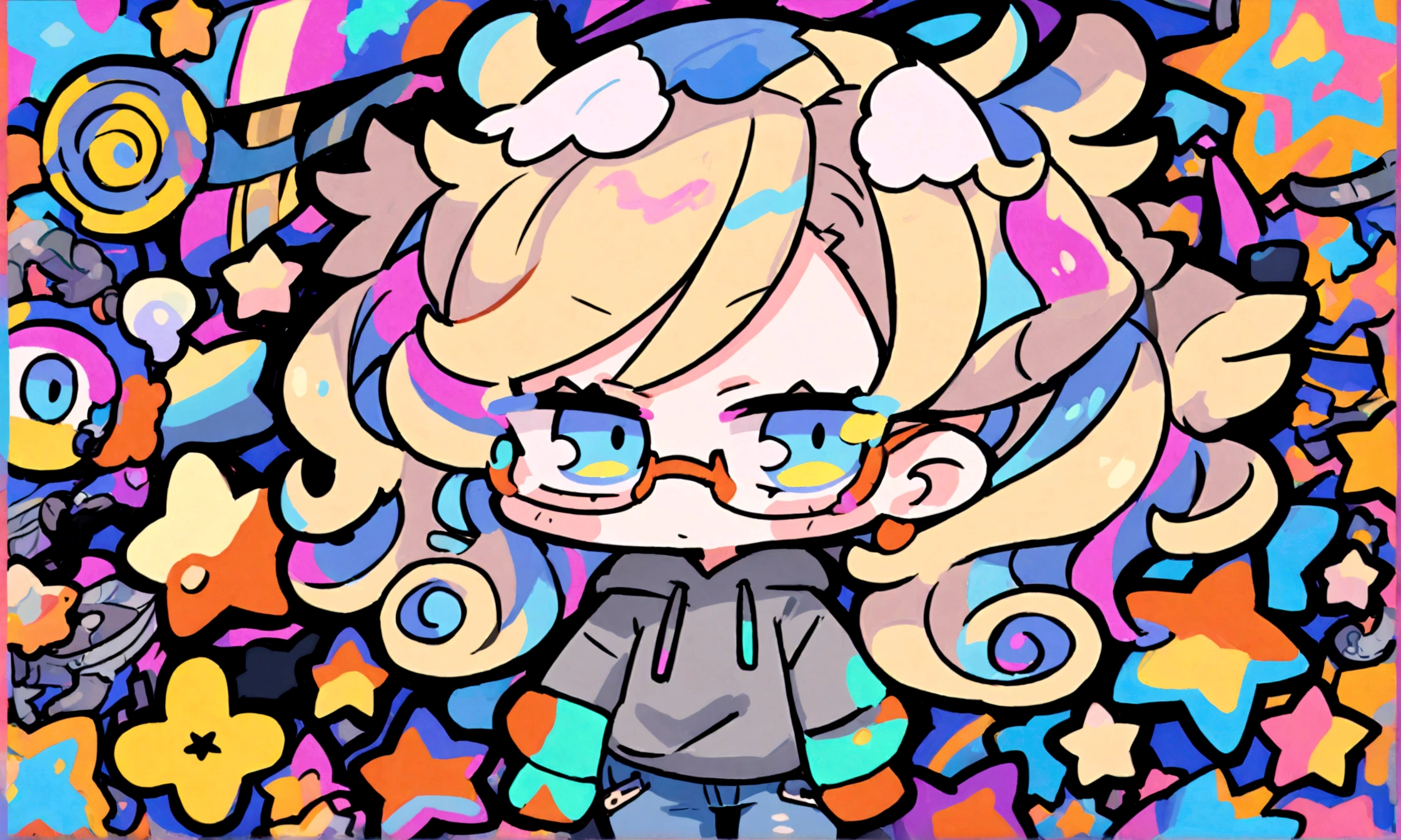 a cute chibi style adult female with blonde curly hair, wearing a grey hoodie and jeans, wearing glasses, has a very colorful star laden backround with mutiple blue shades of hombre colors