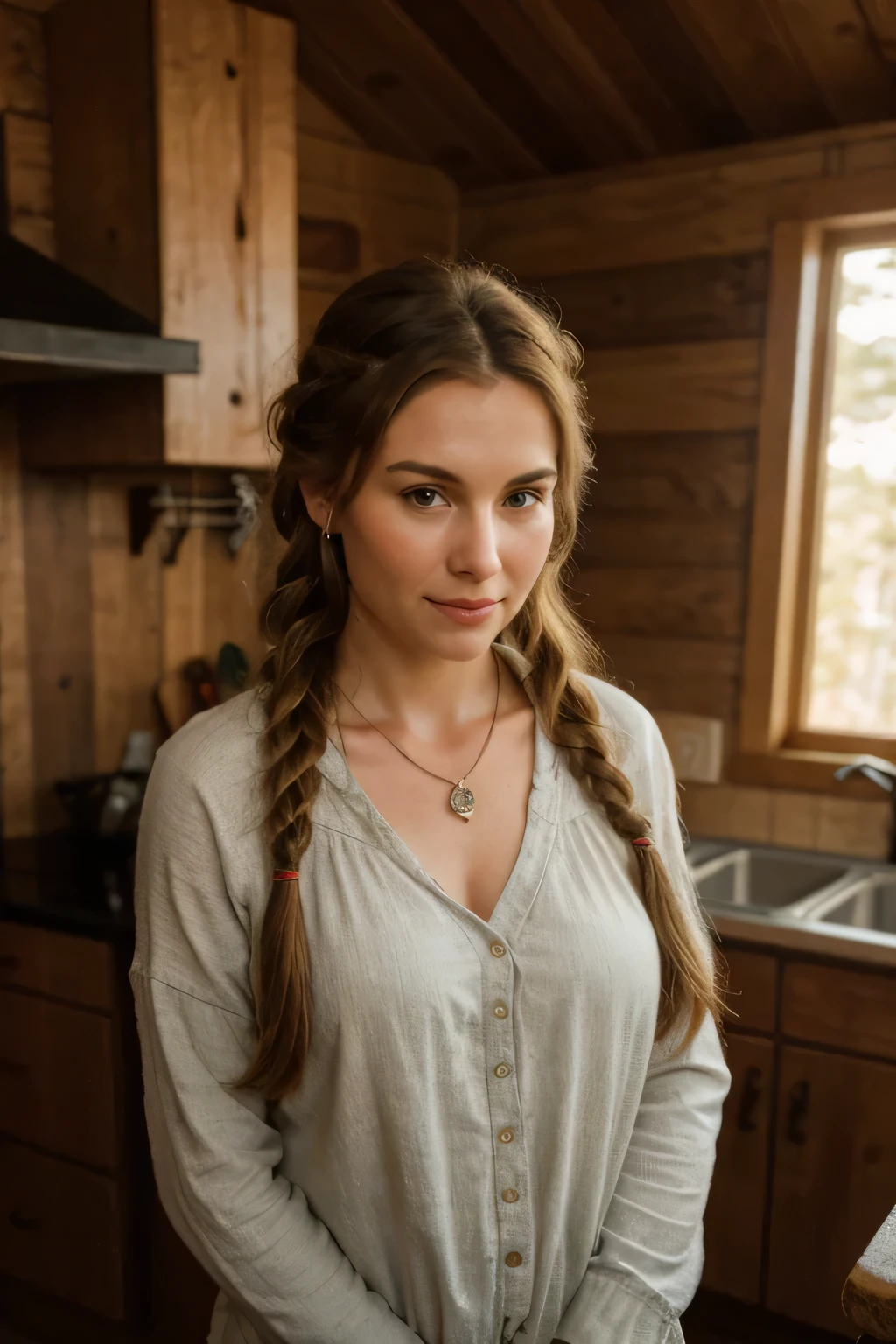 a motherly figure in a cozy kitchen, standing near a wooden cabin, wearing a beaded necklace, with a long mermaid braid, hyperrealistic, photo-realistic, 8k, best quality, masterpiece, extremely detailed, intricate details, natural lighting, warm tones, cinematic