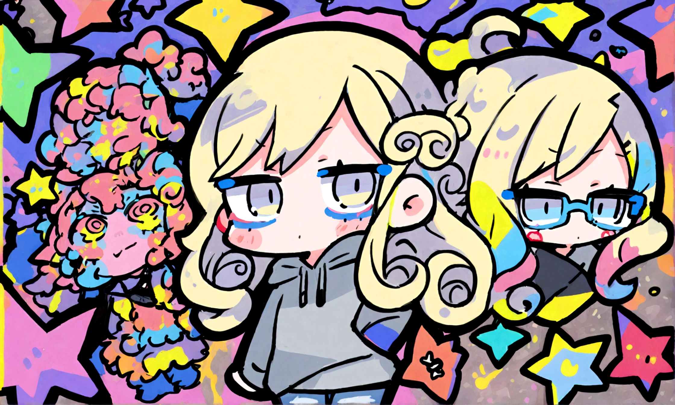 a cute chibi style adult female with blonde curly hair, wearing a grey hoodie and jeans, wearing glasses, has a very colorful star laden backround with mutiple blue shades of hombre colors