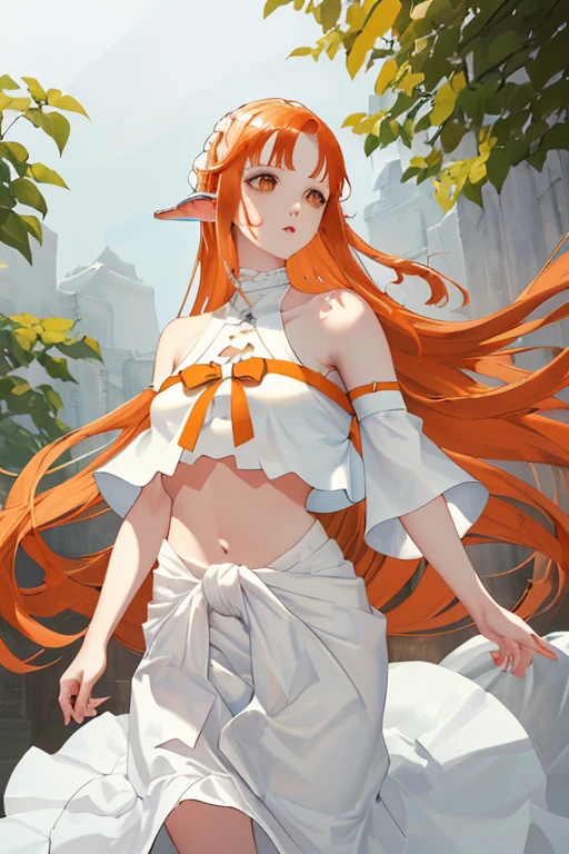 masterpiece, best quality, White Dress, Crop Top, white fabric armlet, Separate sleeves, (bare arm:1.1), Umbilical cord, diaphragm, Bare shoulders, Red belt, Pointed ears, Earmuffs, Orange Hair, Brown eyes,