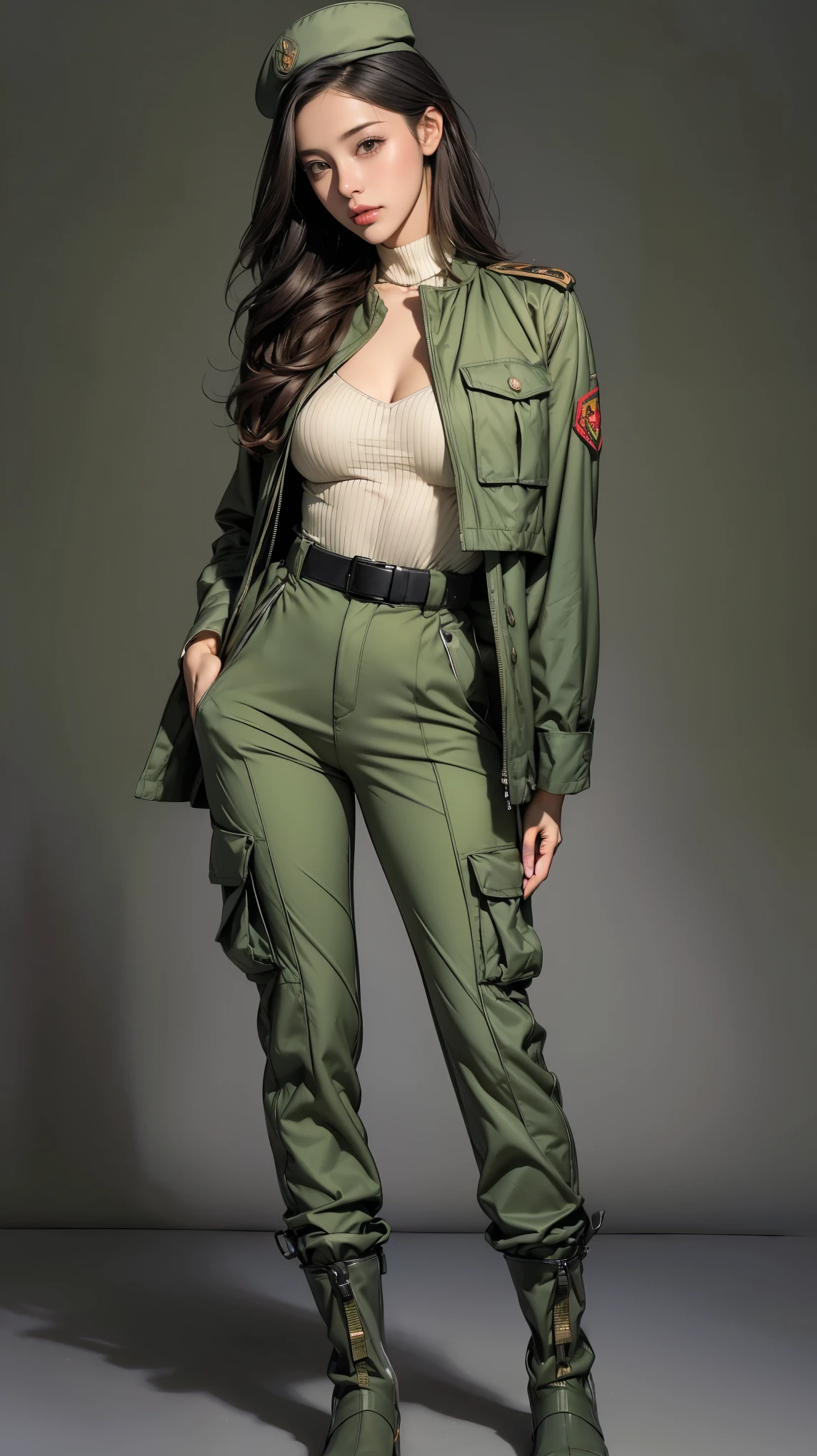 (Best quality, 4K, high resolution, masterpiece:1.2), (ultra-detailed, photo-realistic:1.37), (full-body portrait), 23 years old, Japanese woman, military officer, ambitious, elegance, calm, charming, intimidate, (dark brunette hair), perfect lash, minimal makeup, sun-kissed skin, expressive brown eyes, gloss lips, seductive allure, perfect hourglass body shape, long toned legs, flat abs, perfectly round E cup breasts, very Tall, slim, with peachy hips, wearing ((Olive green military jacket with elbow patches and silver insignia)), ((Grey undershirt with high collar)), ((Olive green cargo trousers with reinforced knees and utility pockets)), Sturdy leather belt with integrated utility pouches, Rugged all-terrain boots in dark grey, ((Olive green beret with red emblem)), Tactical gloves with enhanced grip, Service ribbons and rank patches, Background featuring military base.