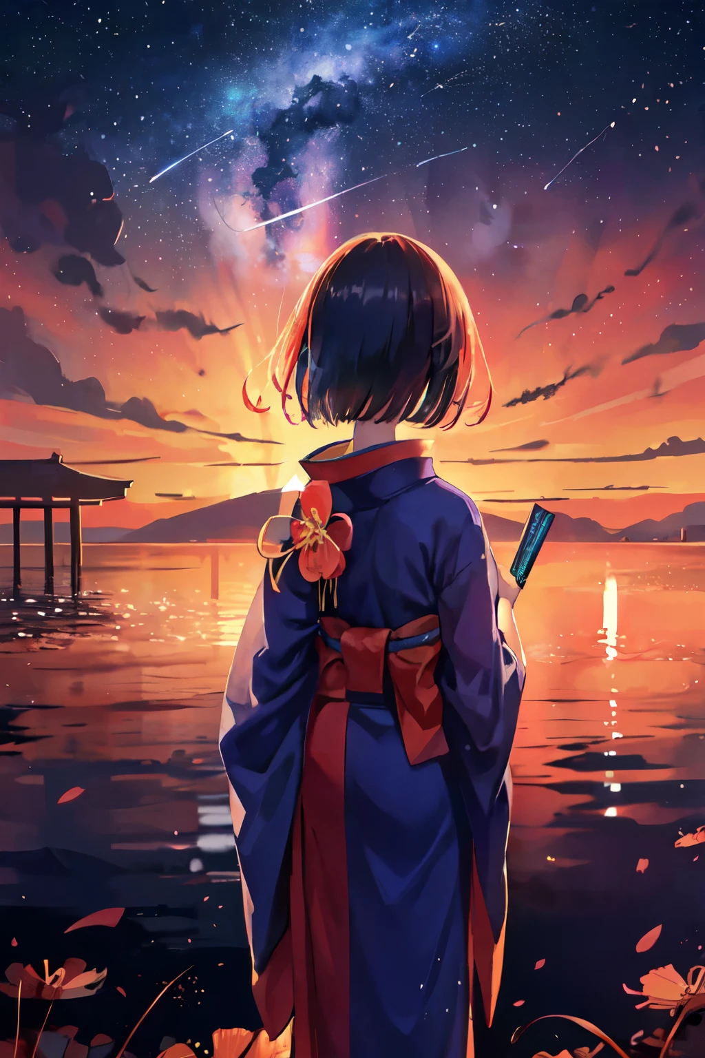 1girl, distant girl wearing a kimono staring at the stars, (zoomed out:1.1), (meteor shower:1.2), (comet:1.1), your name, low angle, from behind, aroura borealis, shooting star, yukata, red kimono, cherry blossoms, standing in a field,best quality, masterpiece,  cloud,colorful, starry,stars,