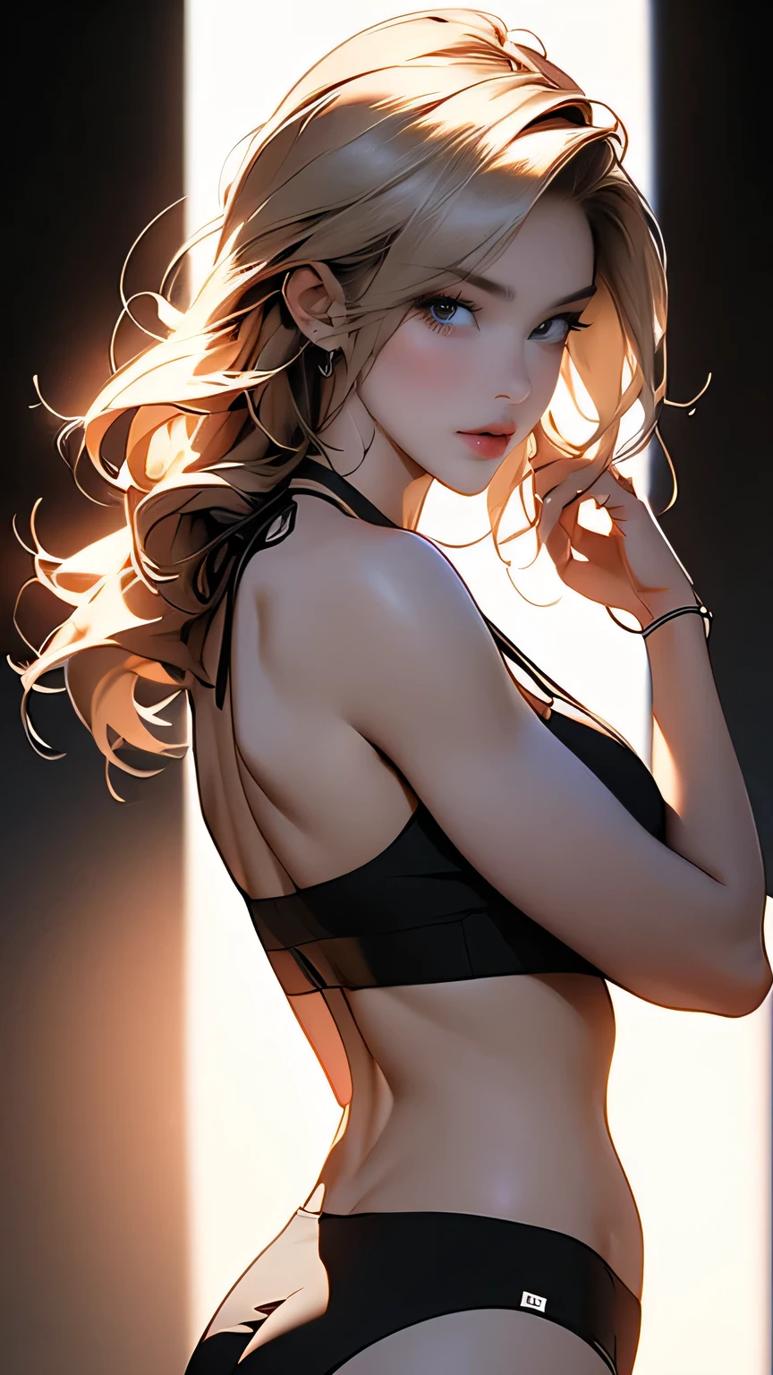 A woman wearing a bikini set, Black and white bikini set, (((A bold standing pose using a chair))), ((Micro Panties)), Camel Toe, Blonde Short Hair, (From below), (Beautifully detailed eyes), (Beautifully detailed face), (Very detailedな顔), ((Very detailed hand drawing)), ((Thick thighs)), (Beautiful body), (Wall thickness), (Pin spot on black background), (Gentle light), (Written boundary depth), (Very detailed), (Realistic))), 8k, wallpaper, masterpiece, 最high quality, high quality, High resolution､sexy, Upper body portrait, View from behind, Standing pose, ((Pin spot on black background))