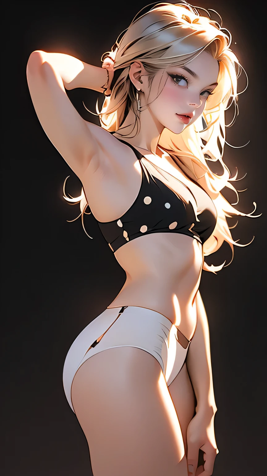 A woman wearing a bikini set, Black and white bikini set, (((A bold standing pose using a chair))), ((Micro Panties)), Camel Toe, Blonde Short Hair, (From below), (Beautifully detailed eyes), (Beautifully detailed face), (Very detailedな顔), ((Very detailed hand drawing)), ((Thick thighs)), (Beautiful body), (Wall thickness), (Pin spot on black background), (Gentle light), (Written boundary depth), (Very detailed), (Realistic))), 8k, wallpaper, masterpiece, 最high quality, high quality, High resolution､sexy, Upper body portrait, View from behind, Standing pose, ((Pin spot on black background))