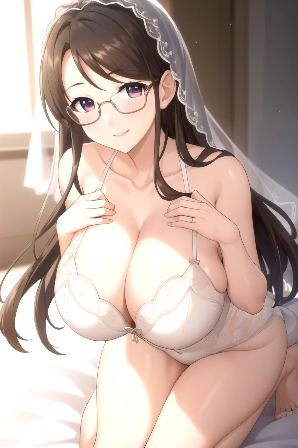 full body picture,Perfect hands, Complete hands, full hand,whole body, whole body图片,bride，Wedding dress, veil,Silky skin ,white bra, lingerie, underwear,Glasses,brown hair,紫色的Eye,Rich background,Cleavage,clavicle, 1 girl, 25 years old,Young women,beautiful Finger,beautiful long legs,beautiful body,beautiful Nose,beautiful character design, perfect Eye, perfect Face,expressive Eye,Perfect balance, looking at the audience,(Focus on her Face),shut up, (Innocent_大Target_Eye:1.0),Light_Smile, Official Art,Very detailed CG unity 8k wallpaper, Perfect lighting,rich and colorful, bright_front_Face_Lighting,有Light澤的皮膚, (masterpiece:1.0),(the best_quality:1.0), Ultra-high resolution,4k,Very detailed, photography, 8K, HDR, high resolution, absurd:1.2, Kodak Portrait 400, Film Grain, Blurred background, Bokeh:1.2, 镜头Light晕, (Full of energy_color:1.2),Professional photographer, (beautiful,Target_Chest:1.3), (beautiful_Face:1.5),(narrow_waist),Smile, Happy