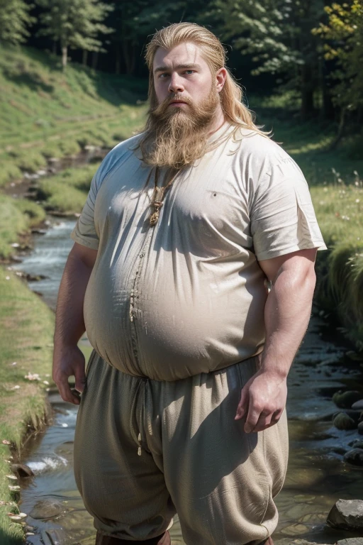 ((blond hairstyle of the 1300s)), Realistic， ((Full body photo)),Handsome face, male，(( (best quality,ultra-detailed),realistic,studio lighting,photography,two (chubby,plump) men with (big,fat) guts, hair and beard,🍀A realistic and detailed close shot portrait photo of a plump chubby thighs extremely thick belly fat age 59, looking peasant man in cheap mediveal linnen clothing. He is looking at the watcher while standing in front of an old curved stonebridge over a stream that is about 5 meters wide. Some mediveal farm buildings in the background.
((((looking at the watcher))))