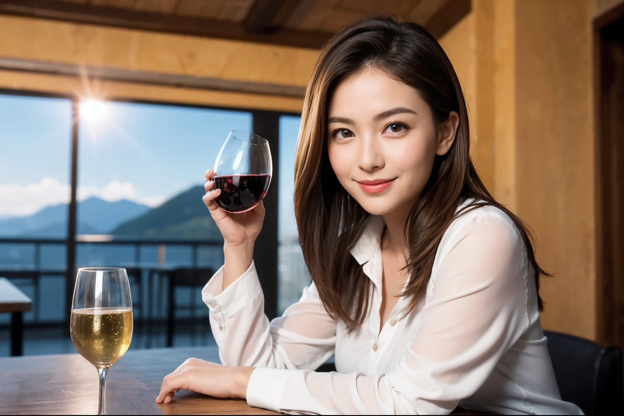 ((highest quality、8k、masterpiece:1.3))、1 male、1 female、Couple、Spouse、Couple、The body is slim、((Bob Hale、Straight hair:1.2)), (Realistic, Intricate details:1.2), テーブルの上のwine glass、Shine light on your face、 Amazing view of the sunset sky and clouds、Amazing mountain views、A bright smile、The wonderfulness of smile、Bright image、The beauty of wine, Beautiful Face, blue eyes, The light shines on your face, Blushing, short hair,Bright Face、 (Age 37), 39 years old, red wine 、Appetizers、Italian food、Wine bottle、Champagne、sparkling wine、Two beauties、Brown Hair、Shortcuts、Long sleeve shirt、dress、Pretty Woman 1, (slimな顔), (The body is slim), (Brown Hair), (Shortcuts), cheeks turn a little red,Attractive beauty、restaurant, In a prominent place (From the waist up) Nova Frog Style, actress, model, Upper Body, White wine, slim, wine glass, 中央に置かれたwine glass, smile, (smile: 1.15), Beautiful fine grain, Depth f/2,saturation, High Contrast, Strong light and shadow,Moist Body:1.5、3D texture、Delicate eyes、Brown Hair、The hair is very shiny、