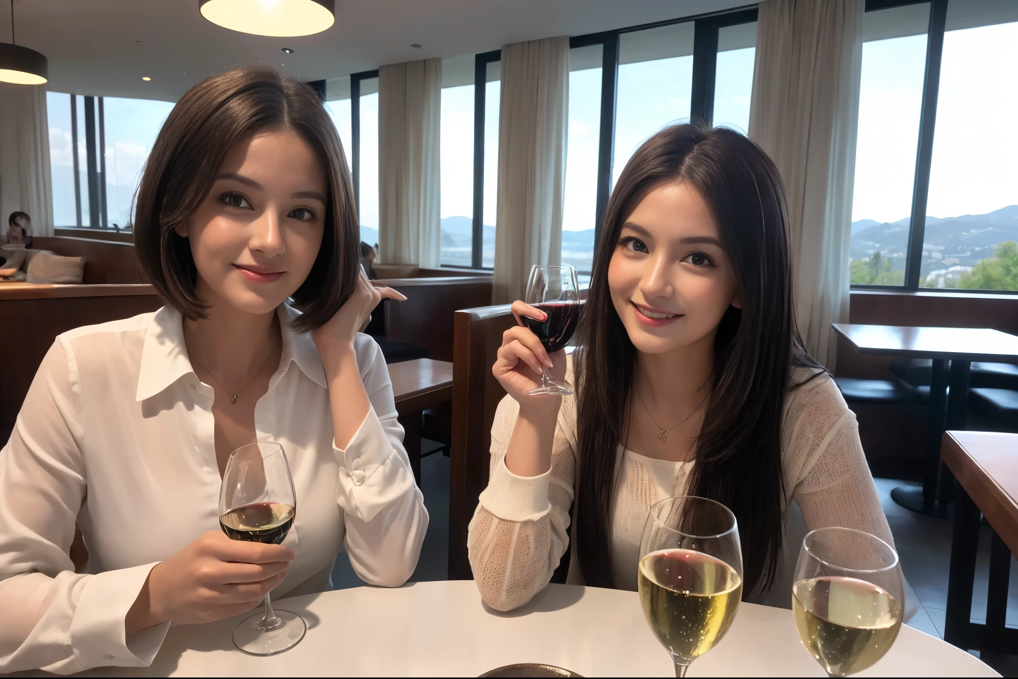 ((highest quality、8k、masterpiece:1.3))、1 male、1 female、Couple、Spouse、Couple、The body is slim、((Bob Hale、Straight hair:1.2)), (Realistic, Intricate details:1.2), テーブルの上のwine glass、Shine light on your face、 Amazing view of the sunset sky and clouds、Amazing mountain views、A bright smile、The wonderfulness of smile、Bright image、The beauty of wine, Beautiful Face, blue eyes, The light shines on your face, Blushing, short hair,Bright Face、 (Age 37), 39 years old, red wine 、Appetizers、Italian food、Wine bottle、Champagne、sparkling wine、Two beauties、Brown Hair、Shortcuts、Long sleeve shirt、dress、Pretty Woman 1, (slimな顔), (The body is slim), (Brown Hair), (Shortcuts), cheeks turn a little red,Attractive beauty、restaurant, In a prominent place (From the waist up) Nova Frog Style, actress, model, Upper Body, White wine, slim, wine glass, 中央に置かれたwine glass, smile, (smile: 1.15), Beautiful fine grain, Depth f/2,saturation, High Contrast, Strong light and shadow,Moist Body:1.5、3D texture、Delicate eyes、Brown Hair、The hair is very shiny、