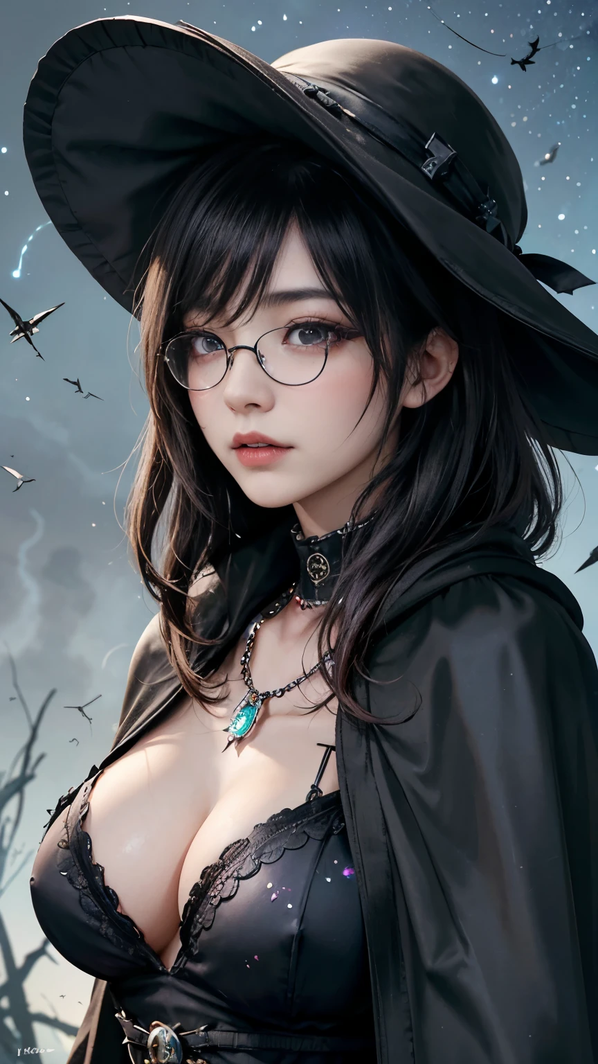 (Fatal Beauty,A charming villain,witch) ,(A supple and powerful physique),(Sensual charm),(Mysterious charm:1.1),(Captivating silhouette),((((Glasses))))、((((big sapphire necklace))))、(highest quality,High resolution:1.2),(dark,Threatening:1.1),((dark horror theme:1.5),(Thriller:1.5)),(Dark fantasy:1.5),  (((Countless stars fly away:1.5),(Absurd:1.5),(wonderful:1.5))),Woman in red Dress, (Powerful numbers:1.1),(((Big Breasts))),(((Fiery crown:1.1))),prime color,Urban,Very detailed,masterpiece,Intricate details,Faded,Very detailed, Eye on the details,Intricate details,暗くてSpooky atmosphere,  spiritual being, Unforgettably beautiful, Ghostly figures, Shadow-like shape, Spooky whispers, Ominous Aura, Goth Maiden, Very darkHer eyes, Like dazzling fur in a starless haze,Her Mogul Snaps, Mysterious Cemetery,Black hair swaying in the moonlight, She summons darkness, (beautiful: 1.7), (Black Hat: 1.6), (An intricately decorated jet-black cloak: 1.6), (Delicately decorated cloak, Despite being damaged: 1.5), Hypermaximalist,  Breathtaking oil paintings, Surreal, Ultra-realistic digital illustrations that mimic the style of oil paintings, Seamlessly blending the psychedelic visionary art of Alex Grey with the physical-mechanical aesthetic of H.R. Giger. wonderful構成,  (Shining Eyes:1.6)、(Glowing Eyes:1.1),(hellish landscape:1.1),(fire,sulfur:1.1),(Threatening atmosphere:1.1),(dark shadows,Threatening presence:1.1),(Unlucky Clouds,Stormy Skies:1.1),(dark,Spooky atmosphere:1.1),(Aura of misfortune,Evil energy:1.1),(dark aura,cigarette:1.1),(Extreme heat,Burning Flames:1.1),(Nightmare Visions:1.1),(Predicting the end:1.1),(Whispers of misfortune,Devilish Laugh:1.1),(Cries of pain,echoing screams:1.1),(Bad luck symbol,Ancient runes:1.1),(Mysterious Relic,dark art ifacts:1.1),(Infernal Ritual,Ritual sacrifice:1.1),(Eternal Ruin,A hopeless existence:1.1),  Inspired by abandoned mech backgrounds. Art created by Craig Mullins, Necrostyle., Detailed Description, Futuristic sci-fi scene. Focus on SFCon