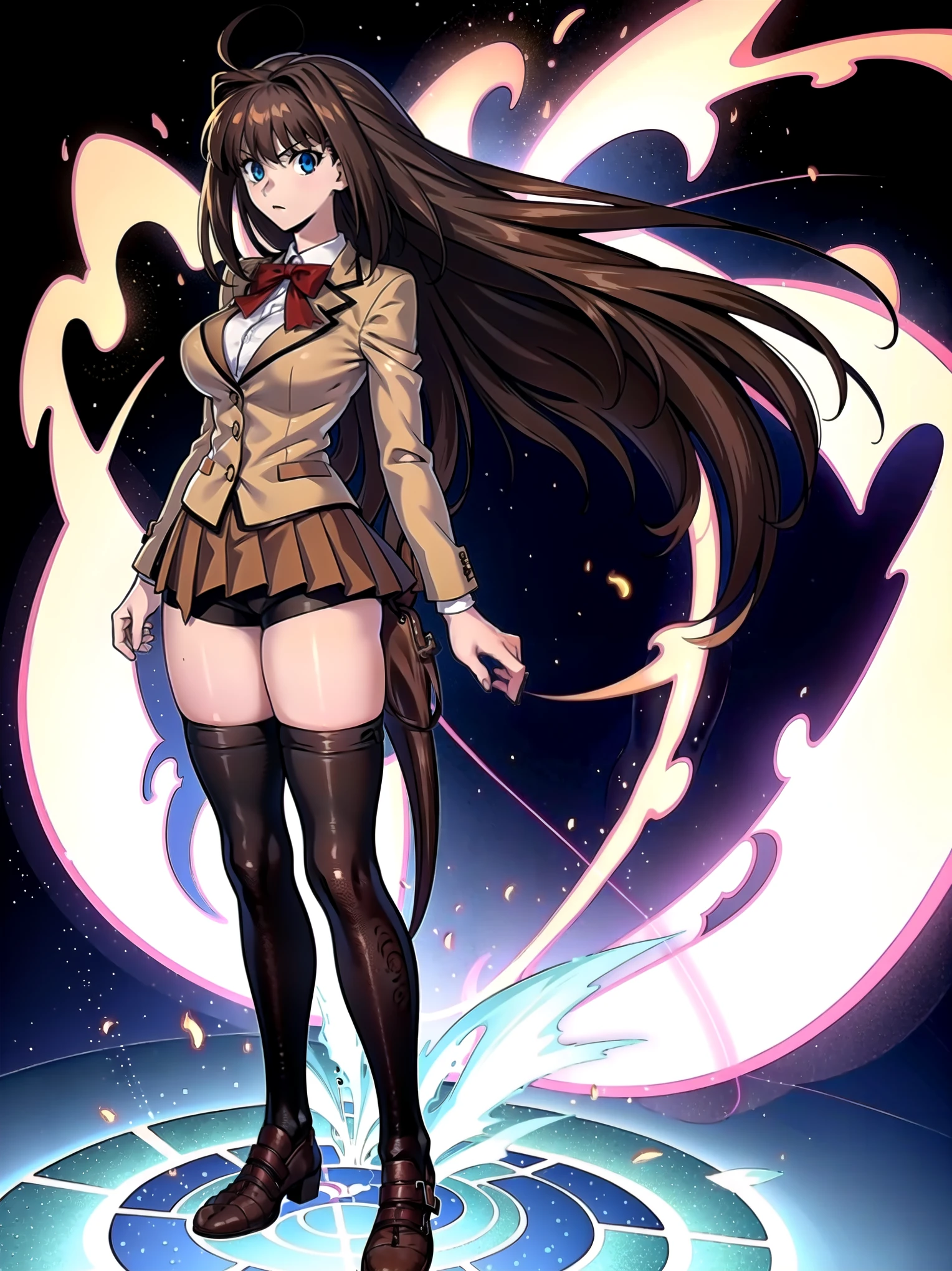 BREAK, centered, BREAK, (EMPTY BACKGROUND), BREAK, (masterpiece), best quality, highest resolution, 8k, illustration, (beautiful detailed eyes:1.5), perfectface, extremely detailed body, CG, perfect hands, perfect anatomy, ((1girl)), ((solo)), (((bbaoko))), ((2 legs max)), ((2 feet max:1.5)), ((swirling vortex shaped longest brown hair:1.5)), (brown longest hair with slightly reddish undertone:1.6), (lush luscious longest brown hair:1.6), (very long voluminous longest brown hair:1.5), serious, blue eyes, red bowtie, (Form-fitting beige blazer:1.5), brown jacket, (highly detailed beautiful face:1.2), (white shirt:1), (well shaped large breasts:1.6), (nice hips:1), pretty legs, ((thigh-high black stockings:1.6)), ((lose Umber pleated skirt:1.6)), (((large bike-shorts:1.6))), (toned visible skin thighs:1.6), (strap shoes brown color), (facing front:1.5), ((standing straight:1.5)), ((Fullbody in frame:1.5)), ((Full body:1.5)), (takeuchi takashi:1.3)