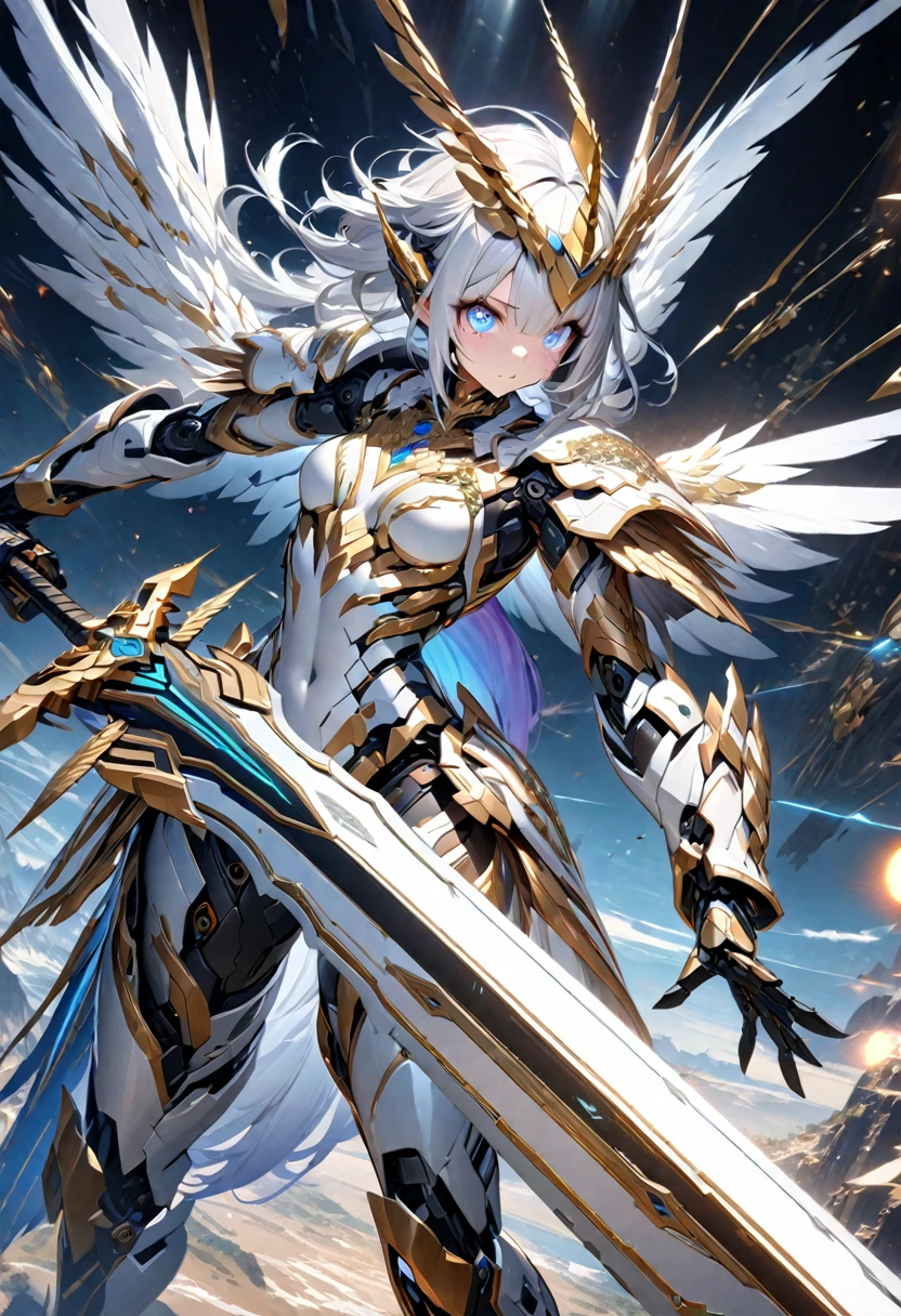 a highly detailed robot girl with long white hair, wearing luxurious white armor with numerous gold decorations,(  flying through the sky on a winged cyborg-style unicorn1.2), has a big sword, dynamic pose, best quality, 4k, 8k, highres, masterpiece, ultra-detailed, extremely detailed eyes and face, longeyelashes, , HDR, UHD, studio lighting, ultra-fine painting, sharp focus, physically-based rendering, extreme detail description, professional, vivid colors, bokeh, science fiction, concept art